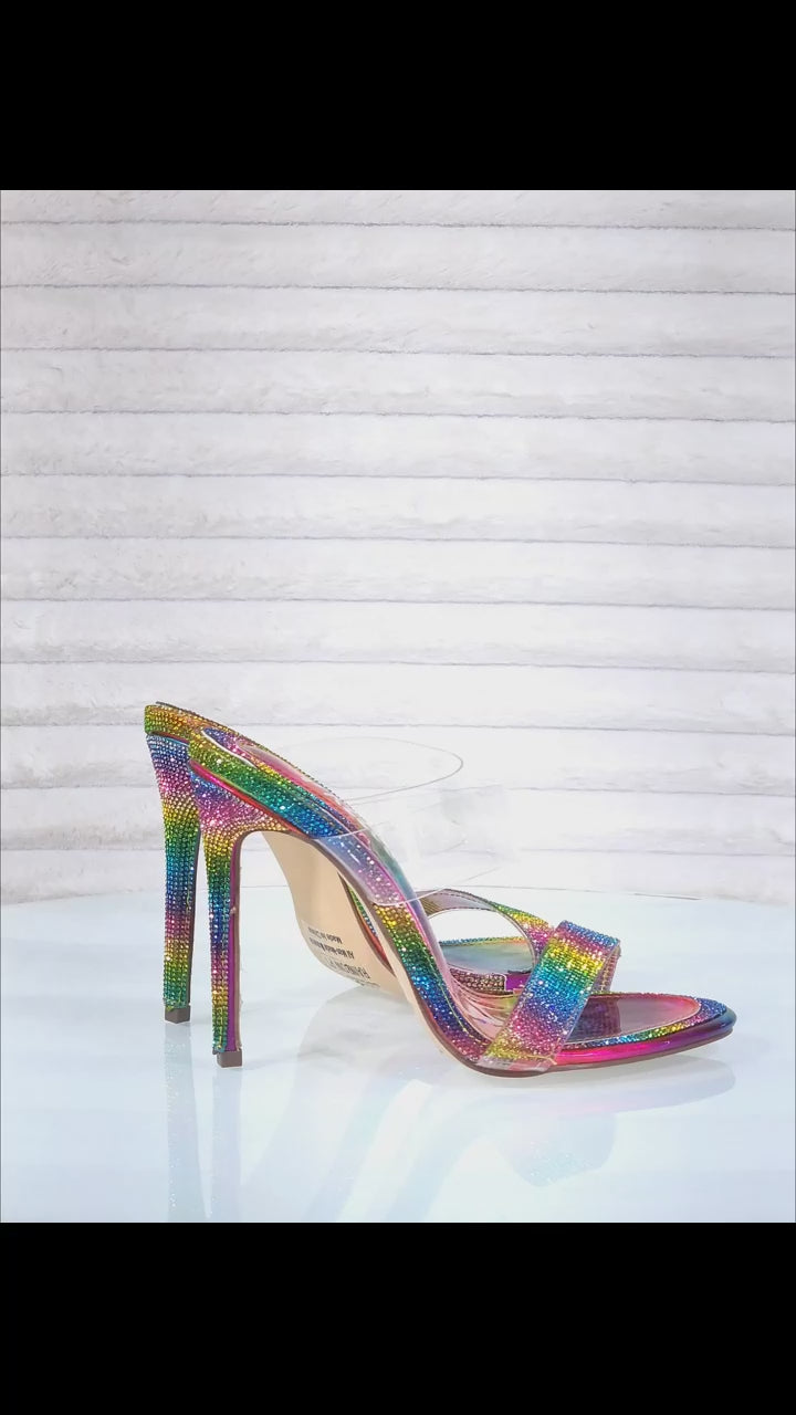 Lee Rainbow Hologram Rhinestone Slip On Double Strap High Heel Clog Mule Shoes