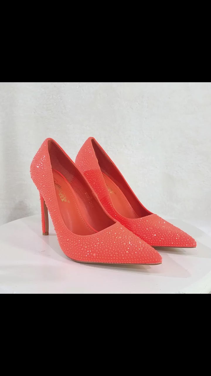 Shock Neon Bright Orange High Heel Stiletto Pumps Rhinestone Shoes