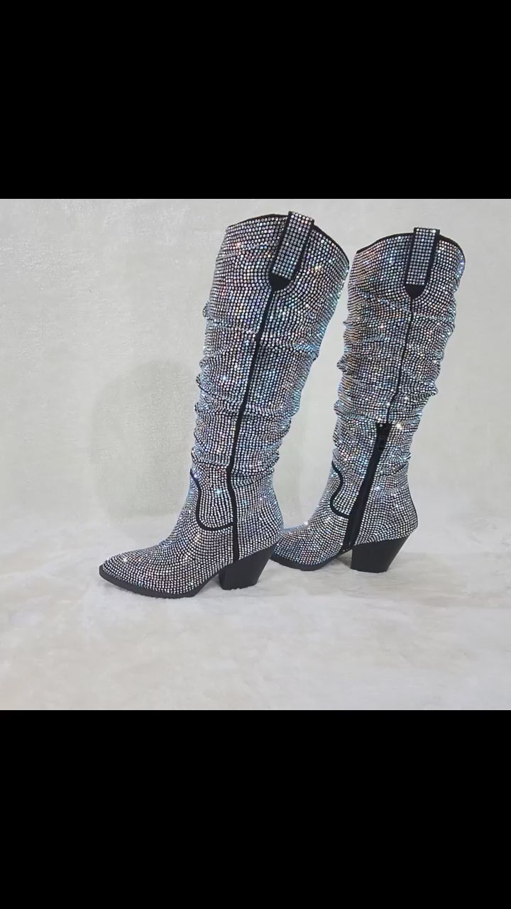 Angel Rider Iridescent Rhinestones Glam Western Cowgirl Slouch Knee Boots