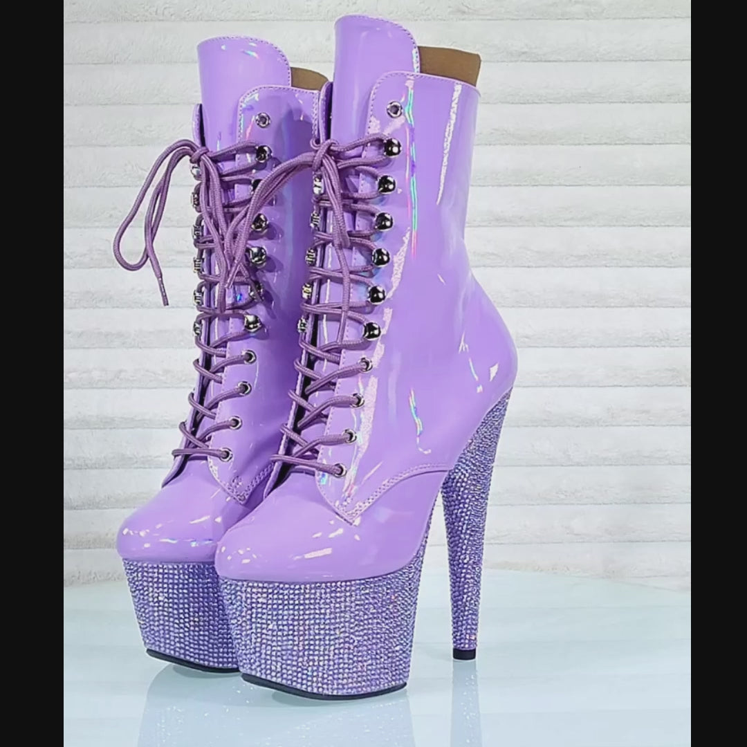 Bejeweled Lilac Rhinestone Platform Lace Up Ankle Boots 7" High Heels IN HOUSE