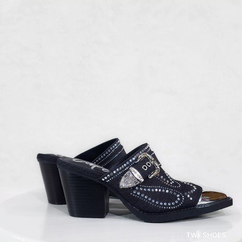 Vive Western Slip On Mules Black Denim Rhinestones Metal Toe Guard Design - Totally Wicked Footwear