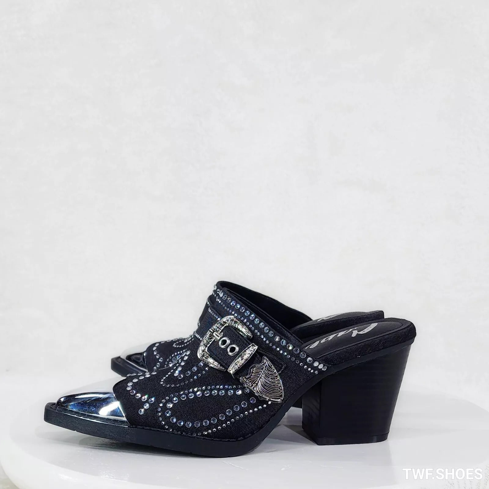 Vive Western Slip On Mules Black Denim Rhinestones Metal Toe Guard Design - Totally Wicked Footwear