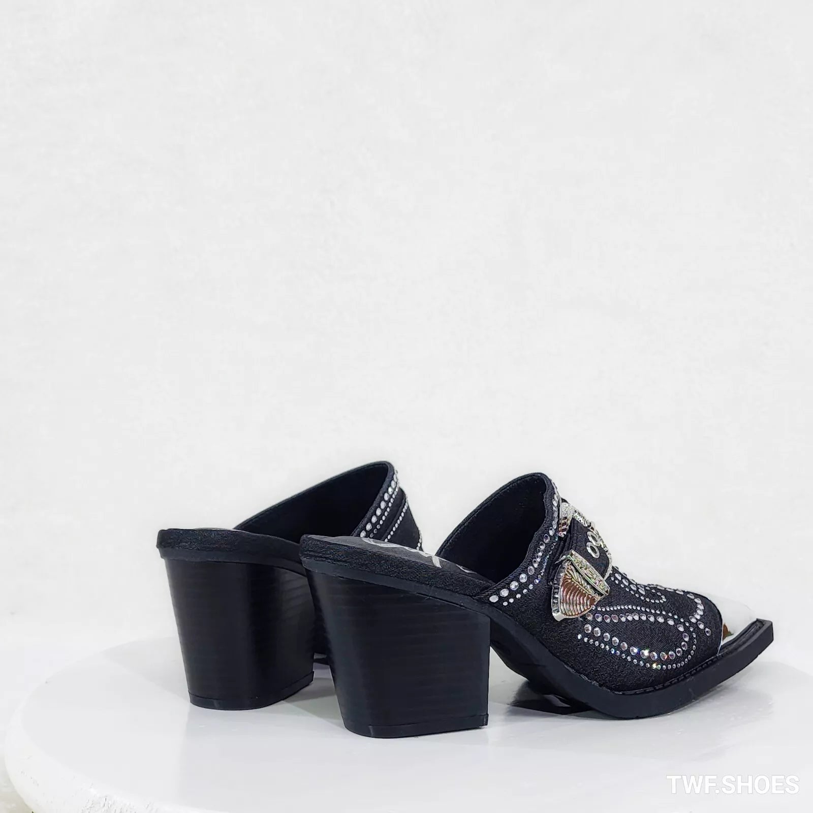 Vive Western Slip On Mules Black Denim Rhinestones Metal Toe Guard Design - Totally Wicked Footwear