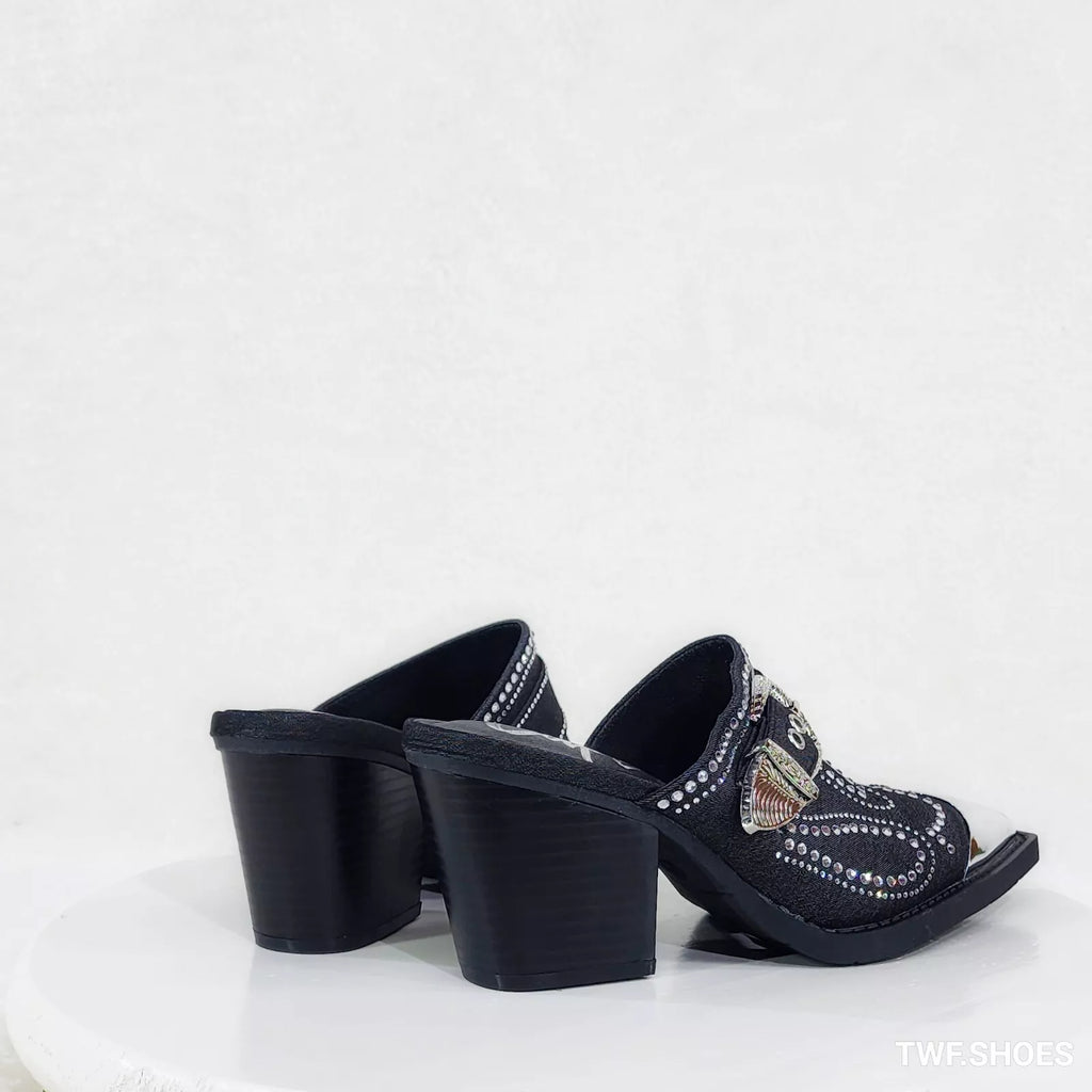 Vive Western Slip On Mules Black Denim Rhinestones Metal Toe Guard Design - Totally Wicked Footwear