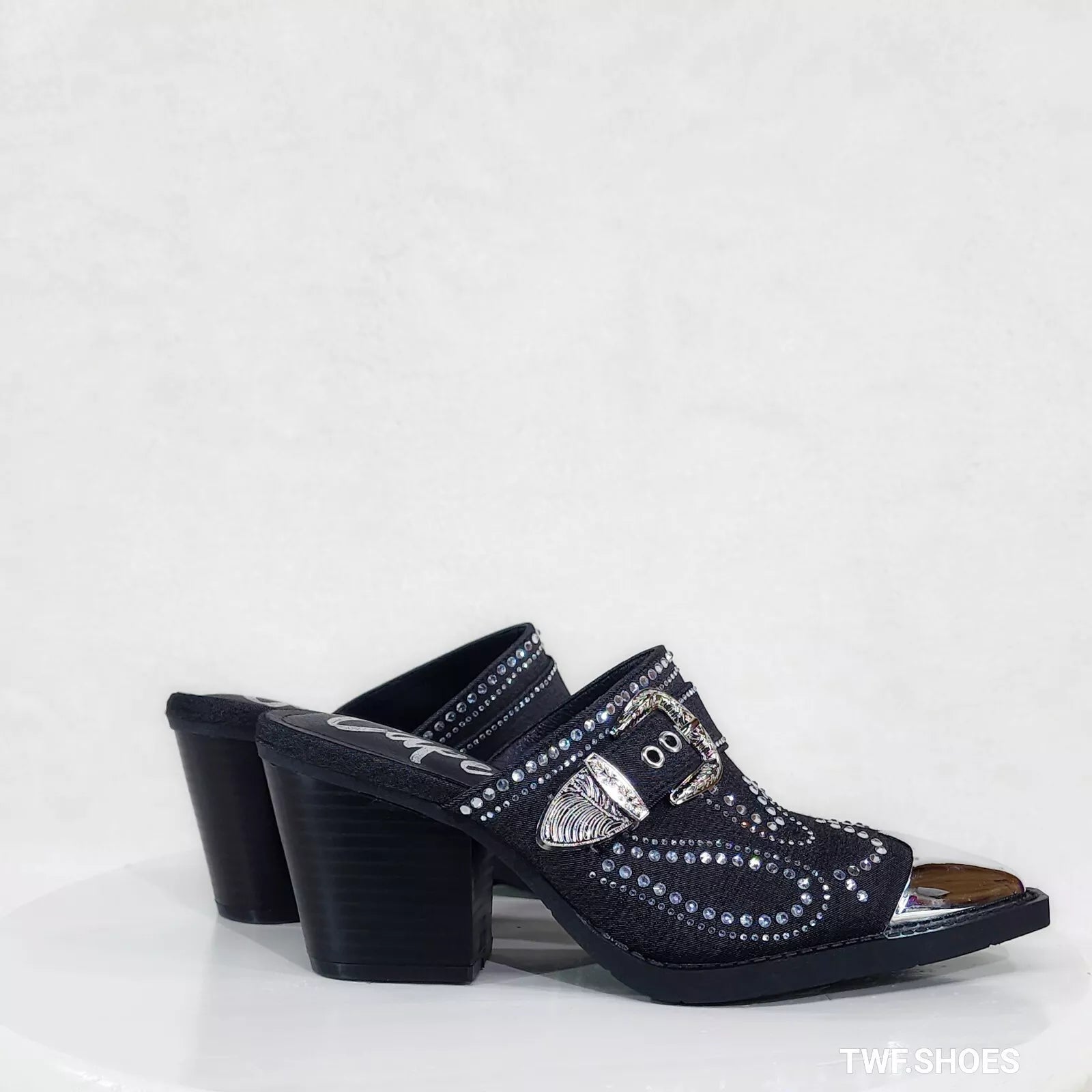 Vive Western Slip On Mules Black Denim Rhinestones Metal Toe Guard Design - Totally Wicked Footwear