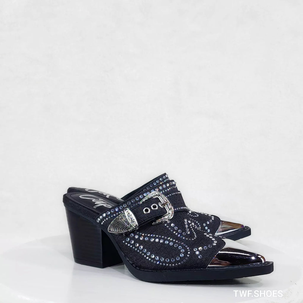 Vive Western Slip On Mules Black Denim Rhinestones Metal Toe Guard Design - Totally Wicked Footwear