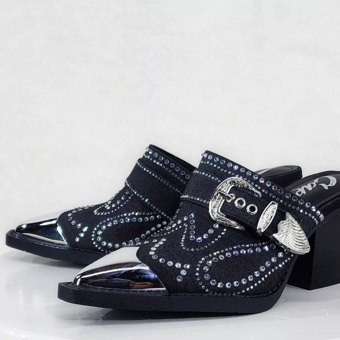 Vive Western Slip On Mules Black Denim Rhinestones Metal Toe Guard Design - Totally Wicked Footwear