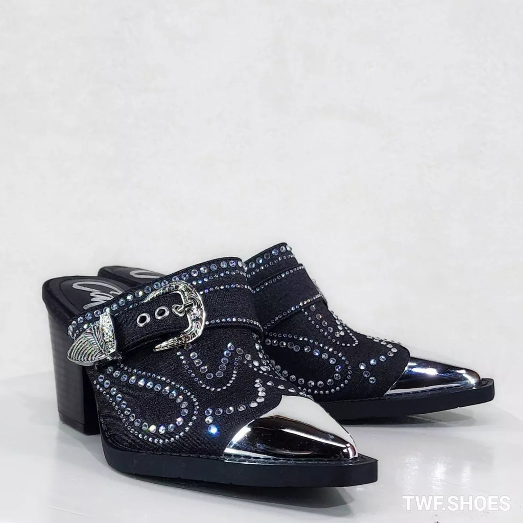 Vive Western Slip On Mules Black Denim Rhinestones Metal Toe Guard Design - Totally Wicked Footwear