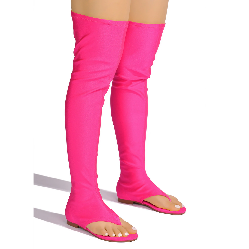 Jazzy Fuchsia Black or Fuchsia Lycra Thigh High Stretch Thong Style Sandal Boots - Totally Wicked Footwear