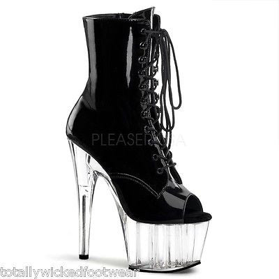 Adore 1021 Lace Up Black Patent Clear Platform Ankle Boot 7" Heel - Totally Wicked Footwear