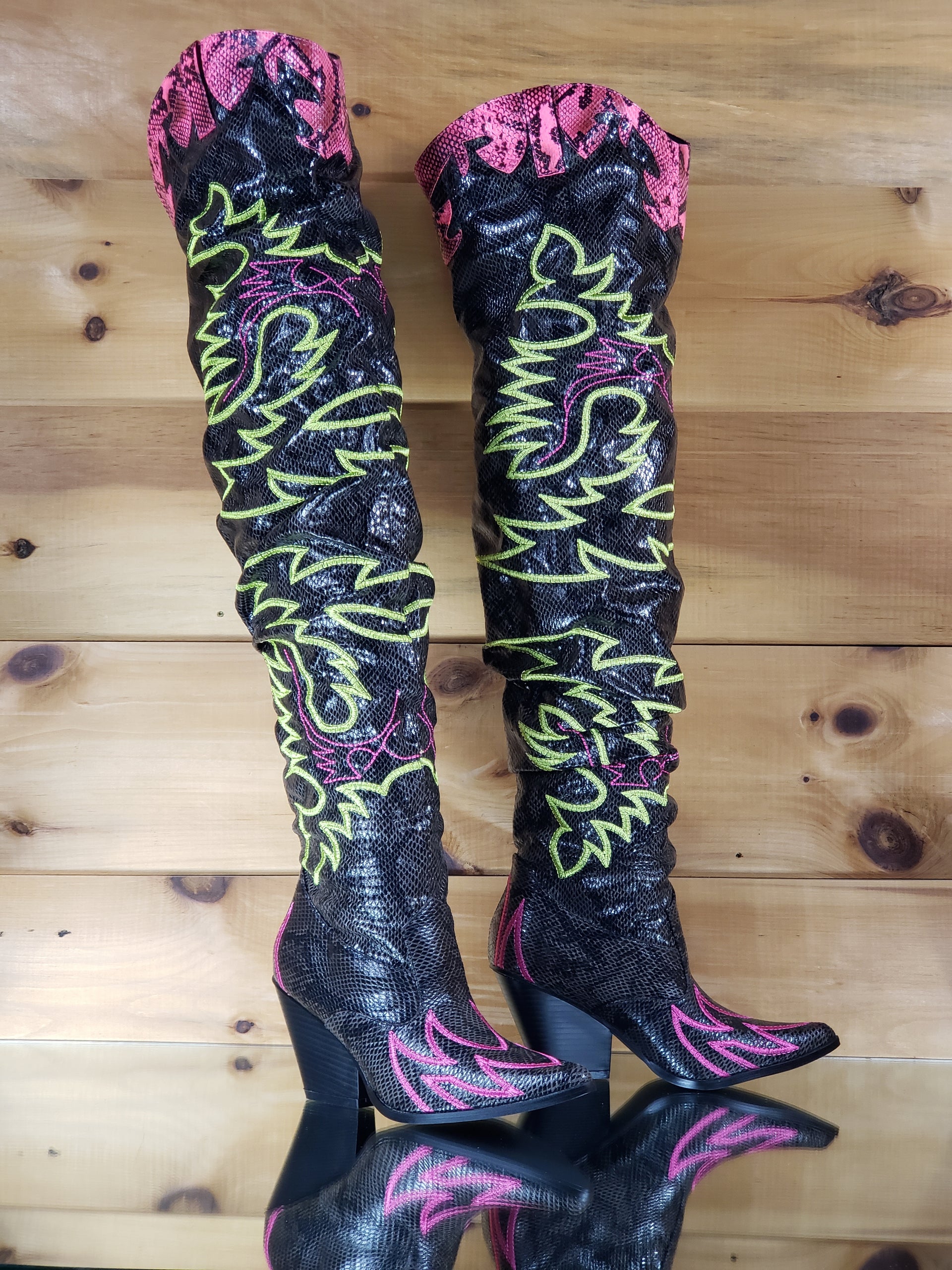 CR Kelsey 21 Rock Star Black & Neon Western Slouch OTK Thigh High ...