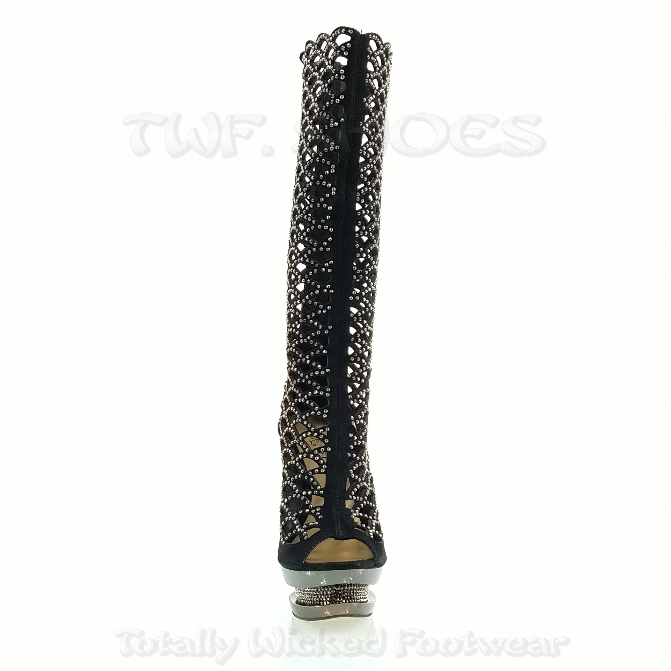 Fantasia 2008 Cutout Suede Rhinestone Boot 6" Stiletto Dual Stacked Platform - Totally Wicked Footwear