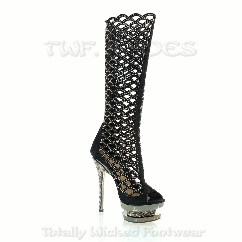 Fantasia 2008 Cutout Suede Rhinestone Boot 6" Stiletto Dual Stacked Platform - Totally Wicked Footwear