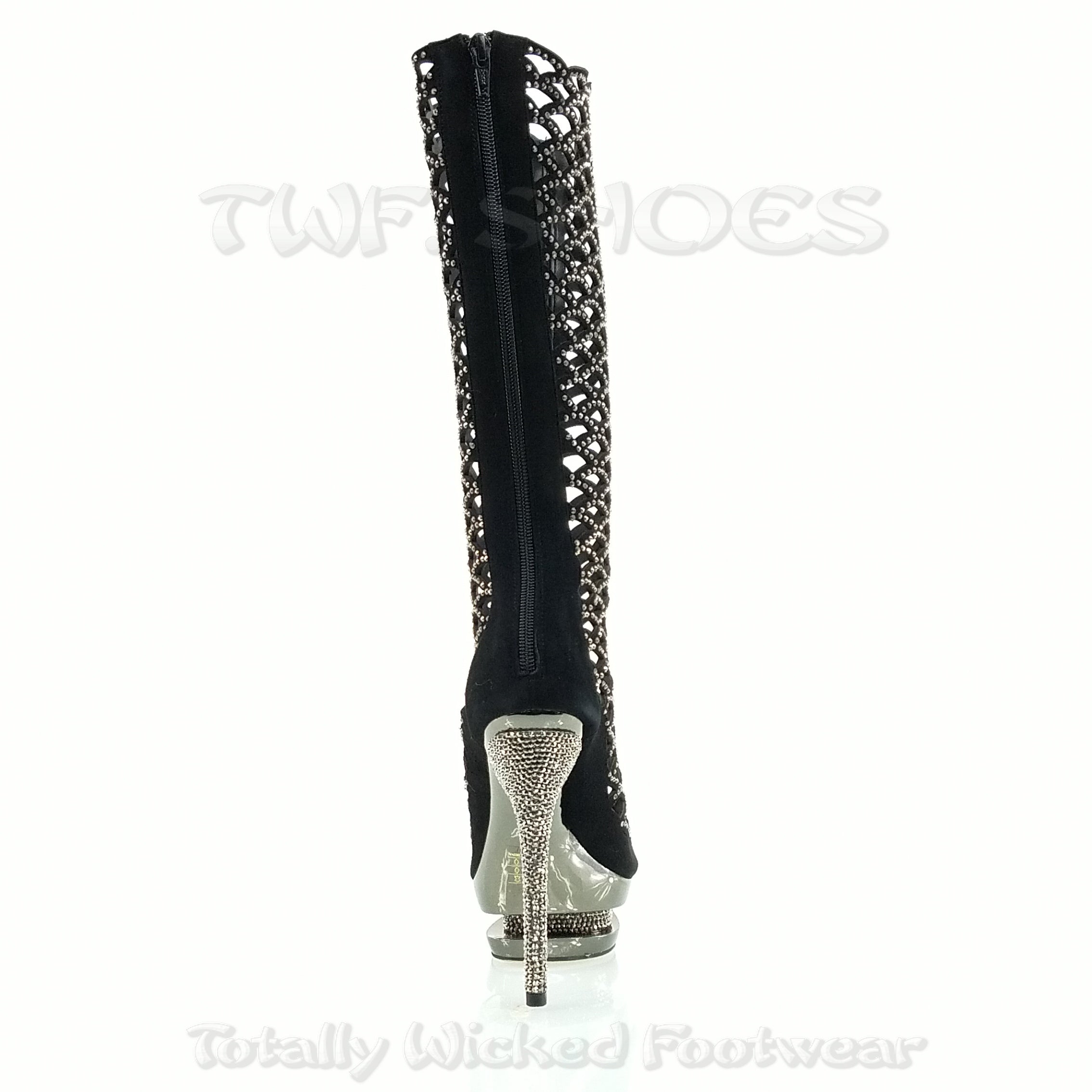 Fantasia 2008 Cutout Suede Rhinestone Boot 6" Stiletto Dual Stacked Platform - Totally Wicked Footwear