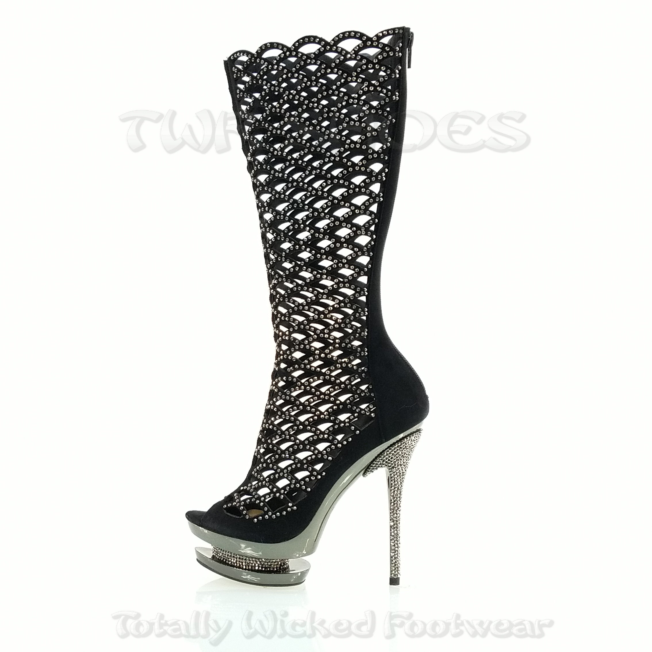 Fantasia 2008 Cutout Suede Rhinestone Boot 6" Stiletto Dual Stacked Platform - Totally Wicked Footwear