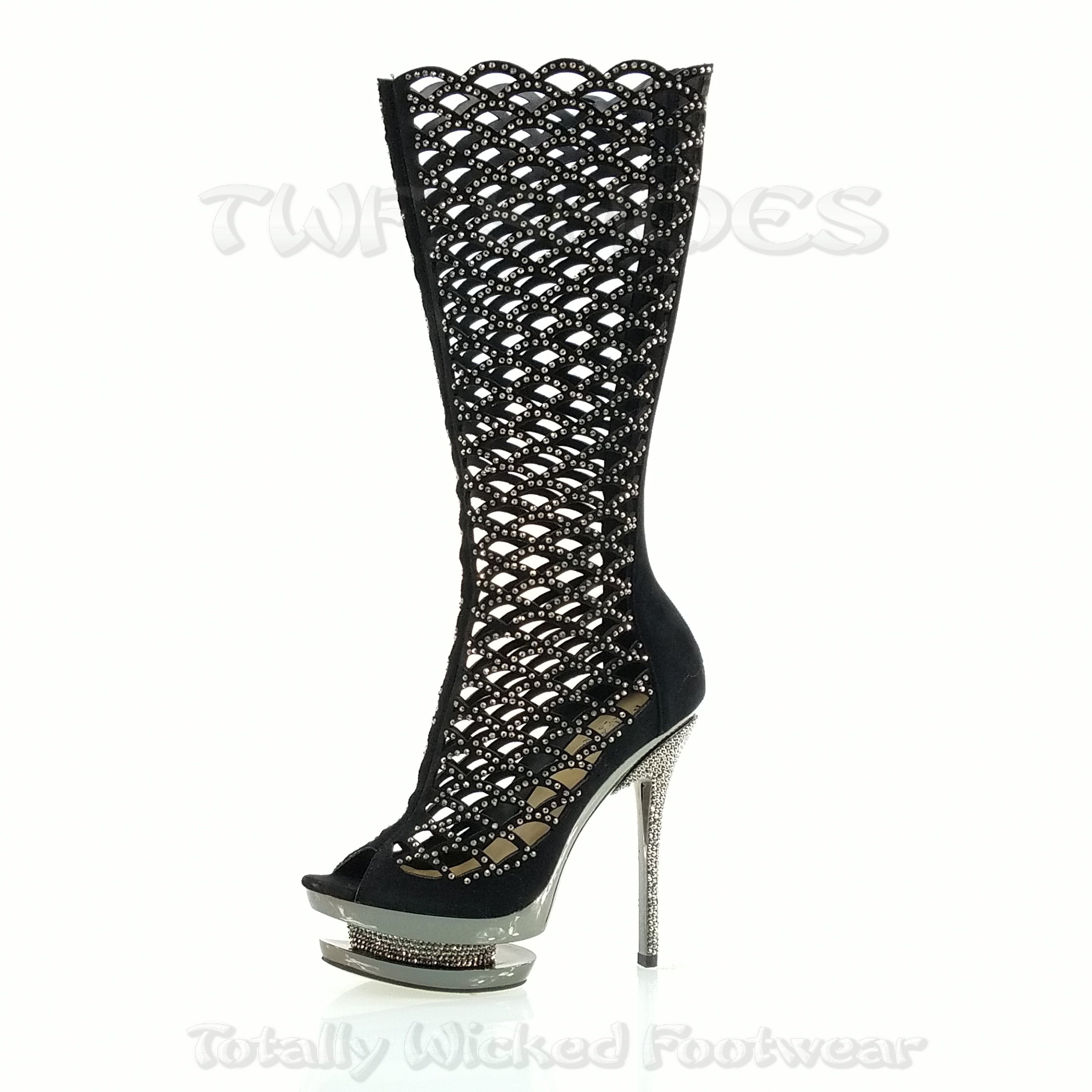 Fantasia 2008 Cutout Suede Rhinestone Boot 6" Stiletto Dual Stacked Platform - Totally Wicked Footwear