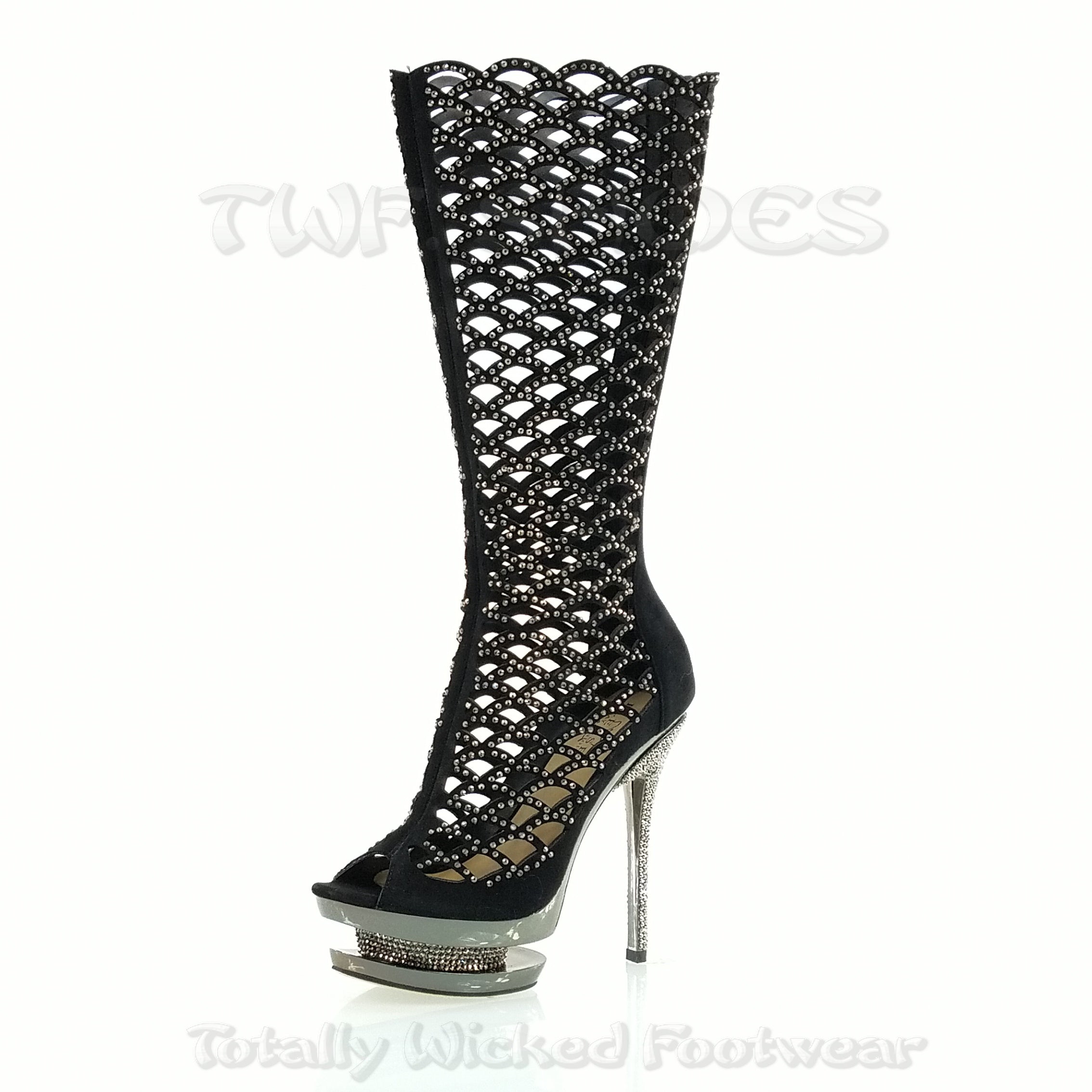 Fantasia 2008 Cutout Suede Rhinestone Boot 6" Stiletto Dual Stacked Platform - Totally Wicked Footwear