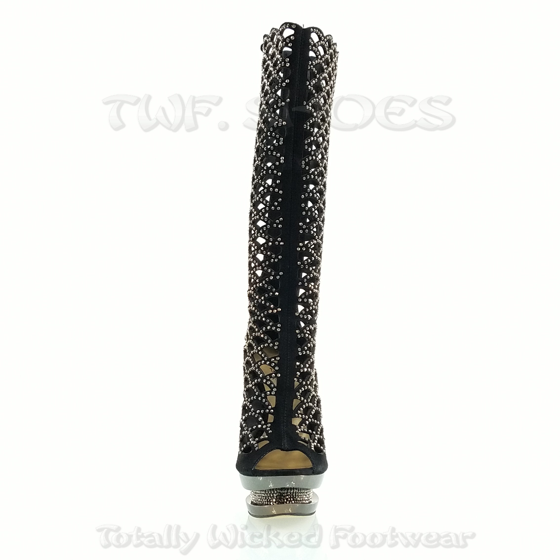 Fantasia 2008 Cutout Suede Rhinestone Boot 6" Stiletto Dual Stacked Platform - Totally Wicked Footwear