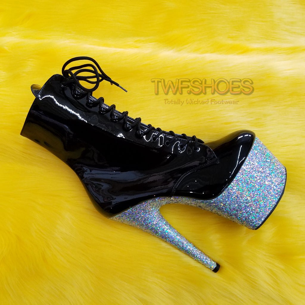 Adore 1020LG  Black Patent Silver Glitter Platform Ankle Boot 7"High Heels - Totally Wicked Footwear
