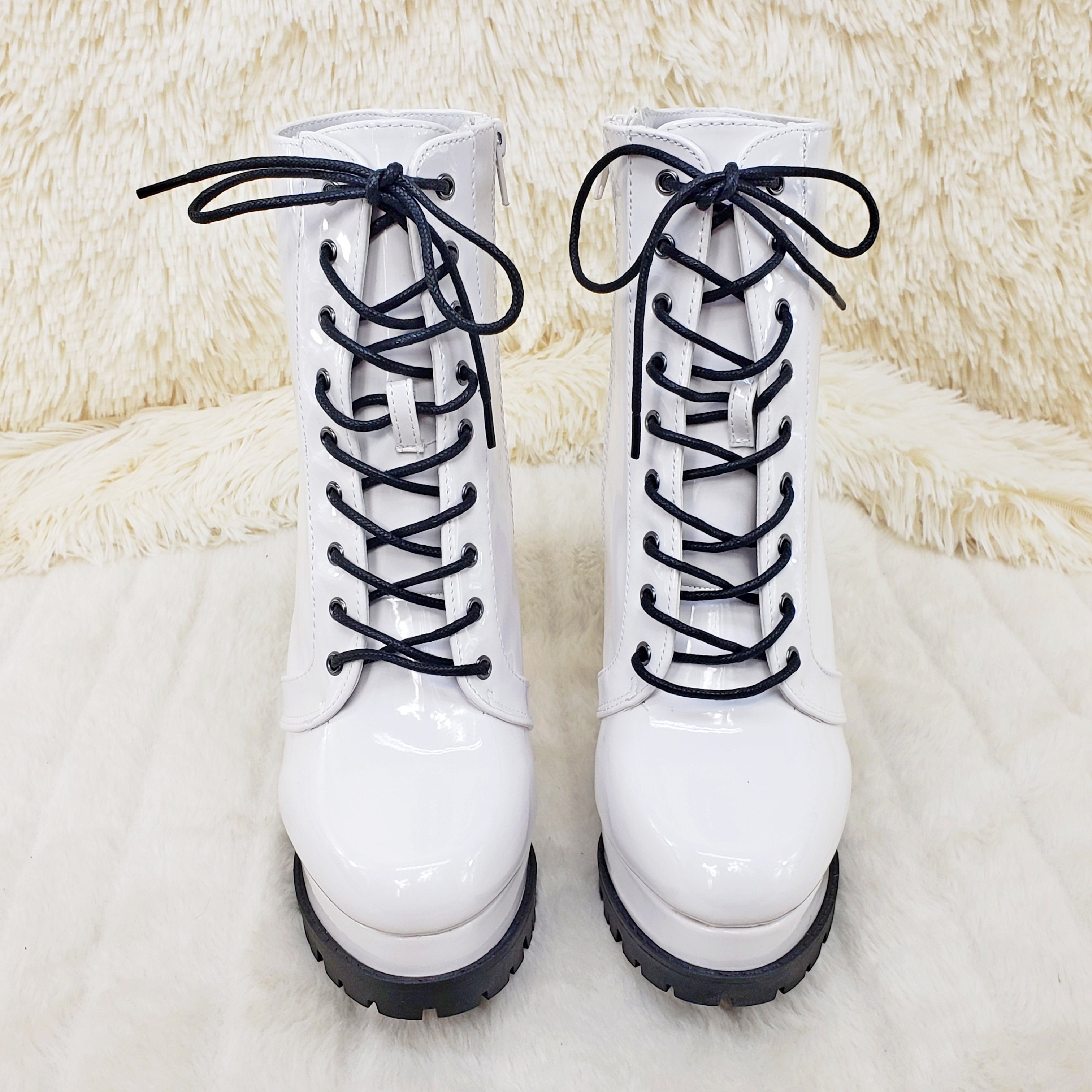 Wild Diva Vivian White Patent Chunky Heel Platform Ankle Boots - Totally Wicked Footwear