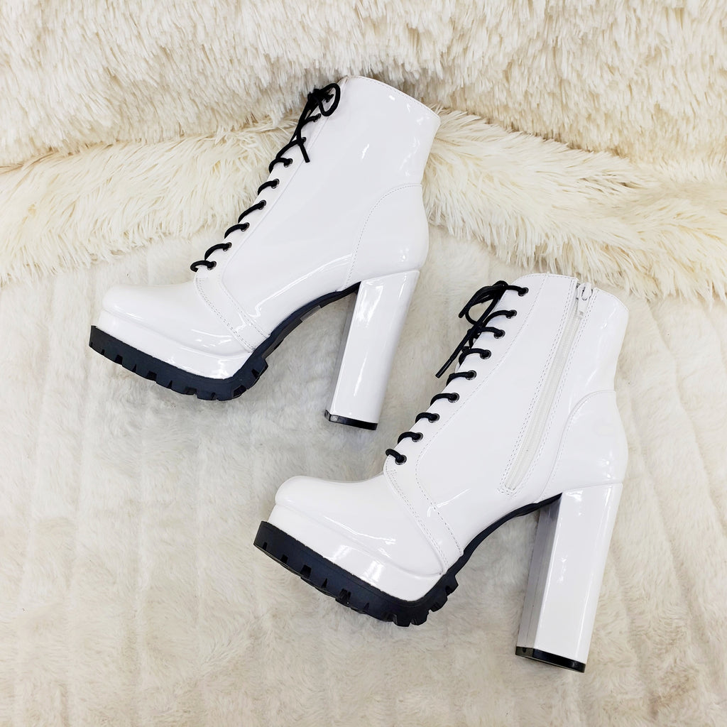 Wild Diva Vivian White Patent Chunky Heel Platform Ankle Boots - Totally Wicked Footwear