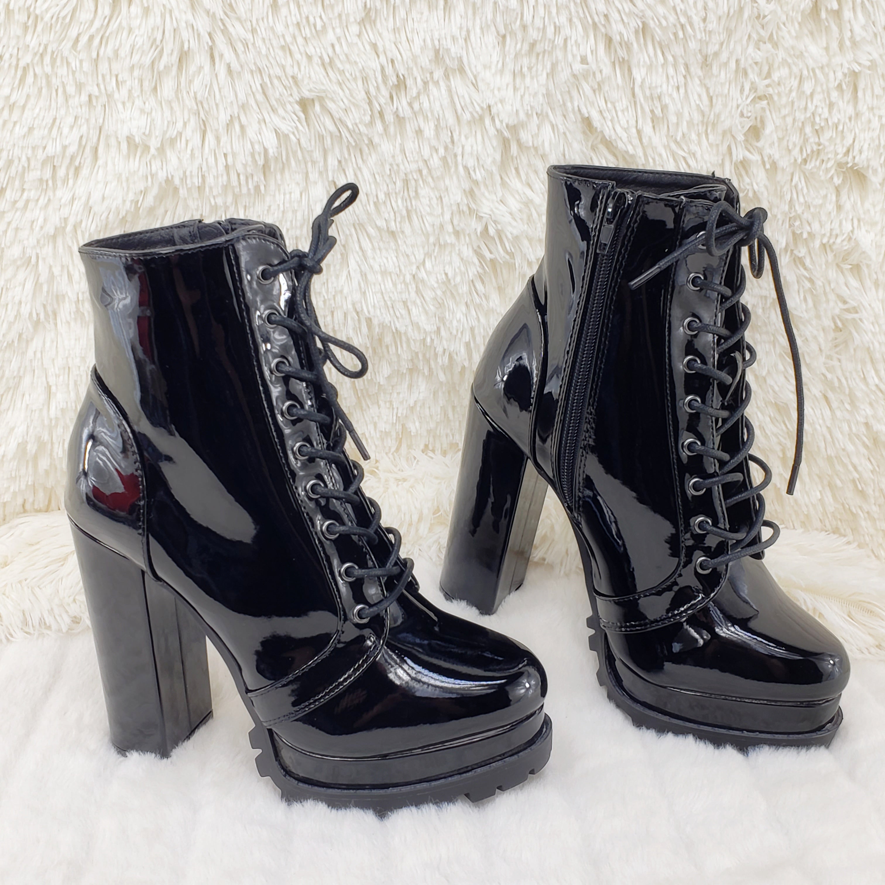 Wild Diva Vivian Black Patent Chunky Heel Platform Ankle Boots - Totally Wicked Footwear