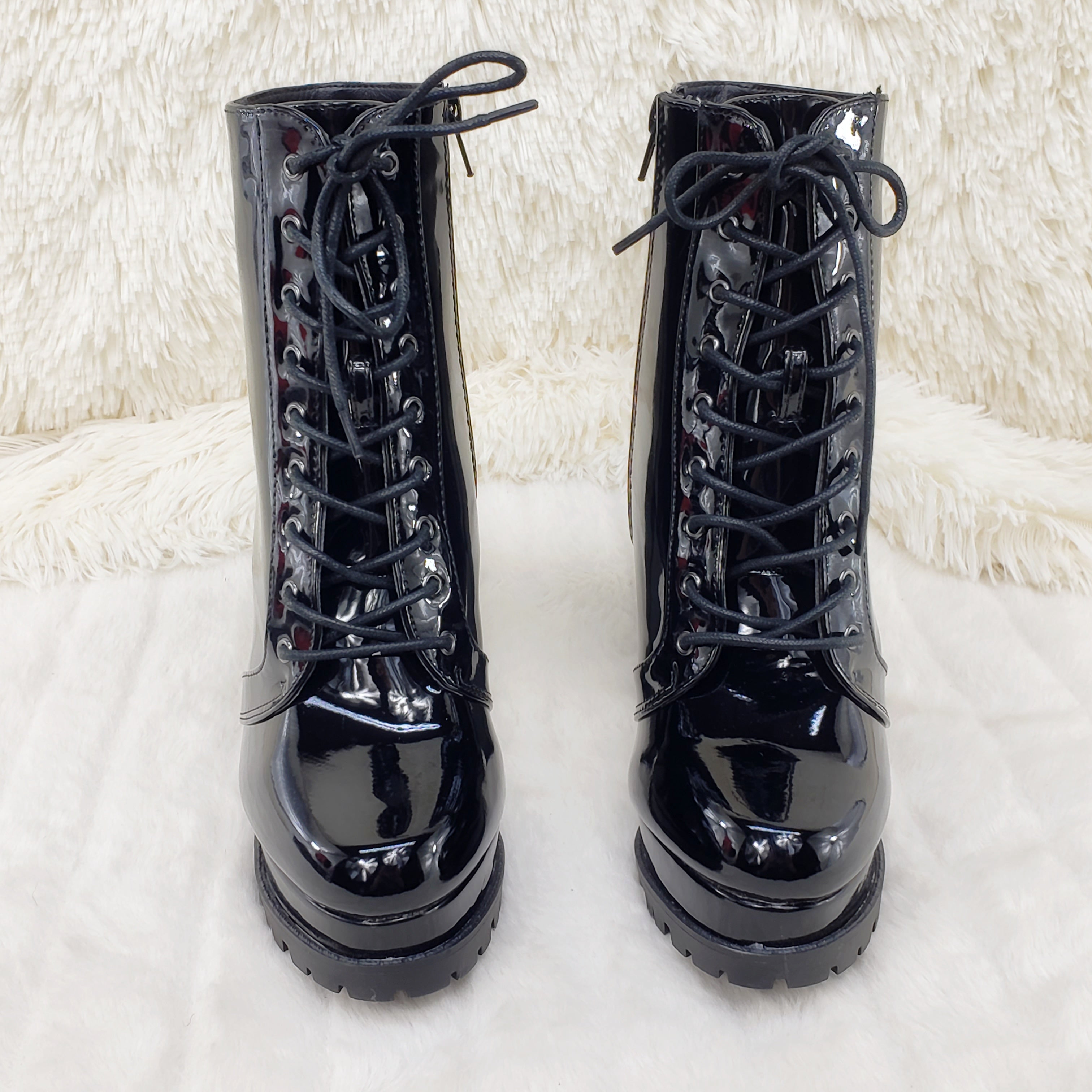 Wild Diva Vivian Black Patent Chunky Heel Platform Ankle Boots - Totally Wicked Footwear