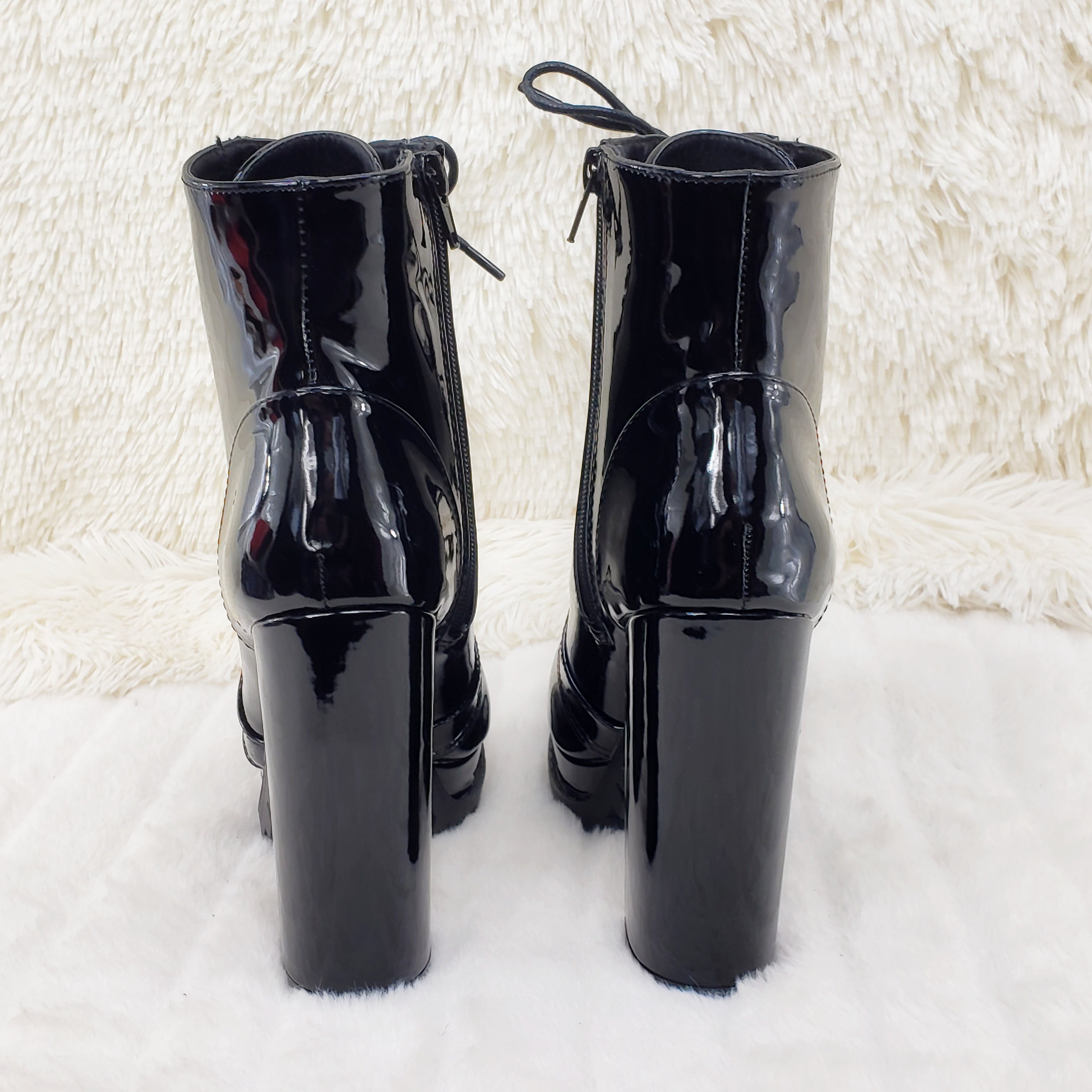 Wild Diva Vivian Black Patent Chunky Heel Platform Ankle Boots - Totally Wicked Footwear