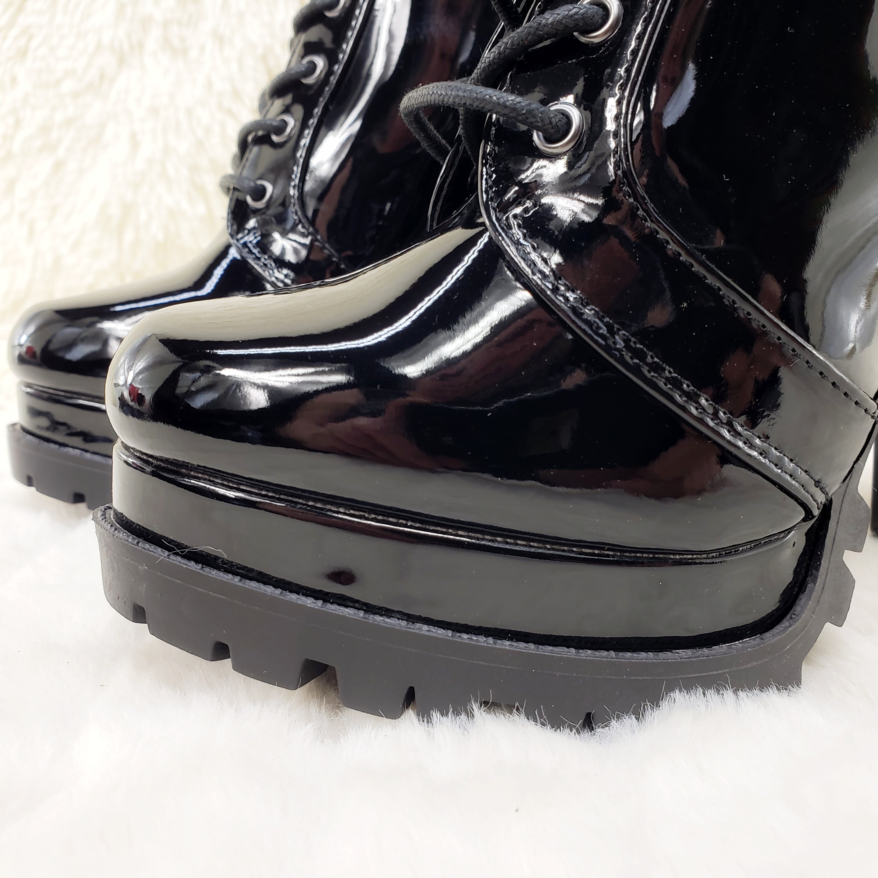 Wild Diva Vivian Black Patent Chunky Heel Platform Ankle Boots - Totally Wicked Footwear