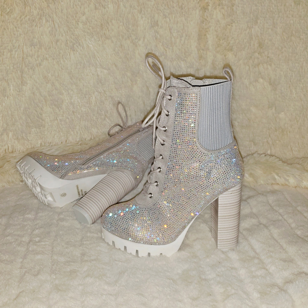 Wild Diva Veronica Rhinestone Chunky Heel Ankle Boots Gray - Totally Wicked Footwear