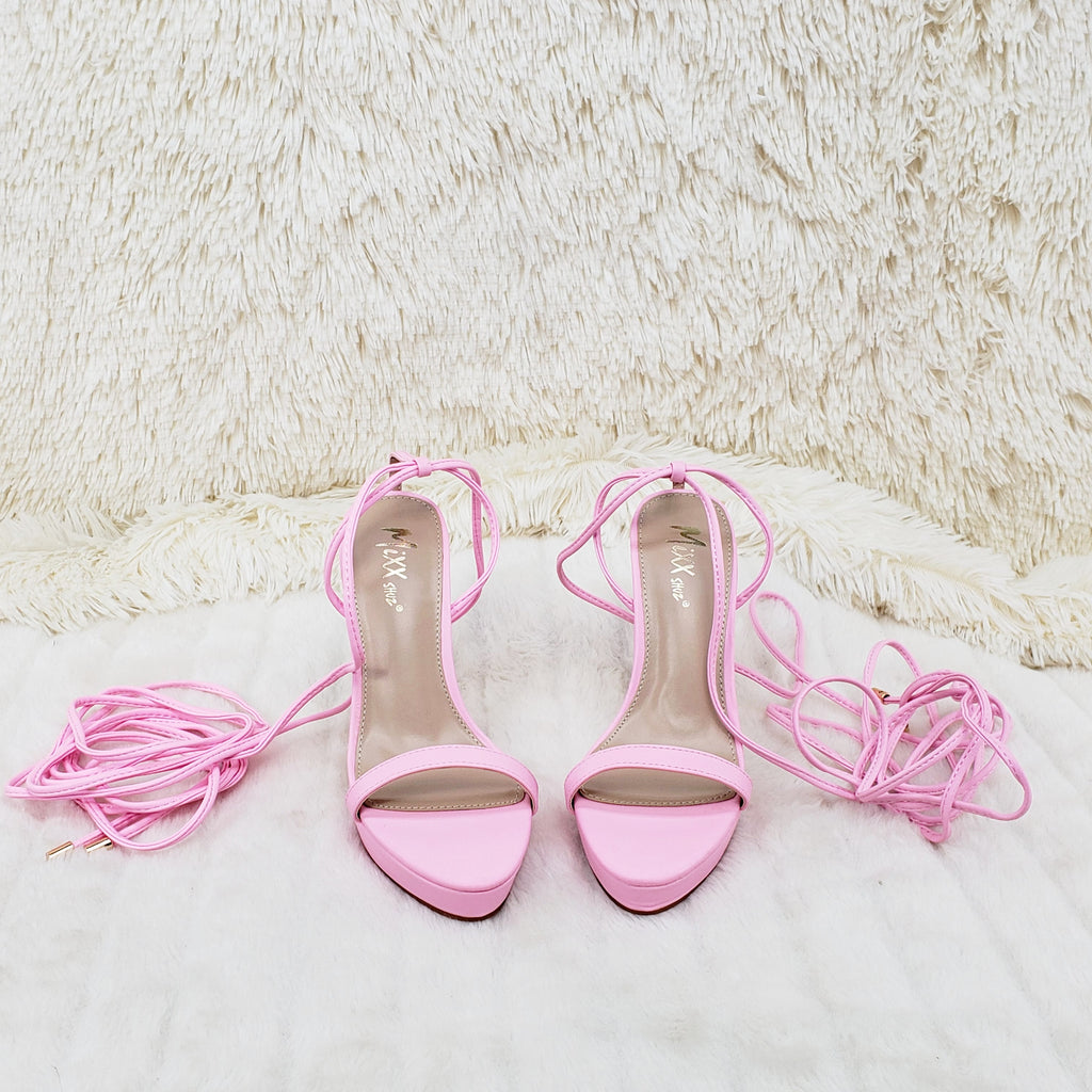 Baby Pink Long Lace Strappy High Heel Sandals - Totally Wicked Footwear