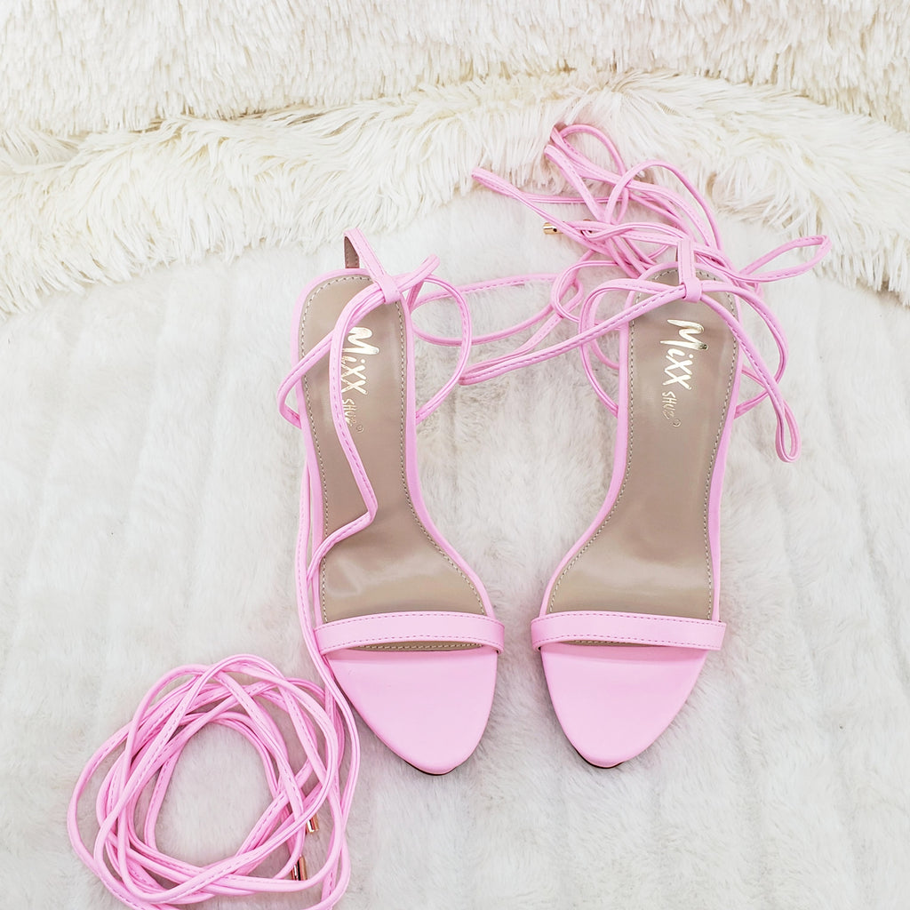Baby Pink Long Lace Strappy High Heel Sandals - Totally Wicked Footwear