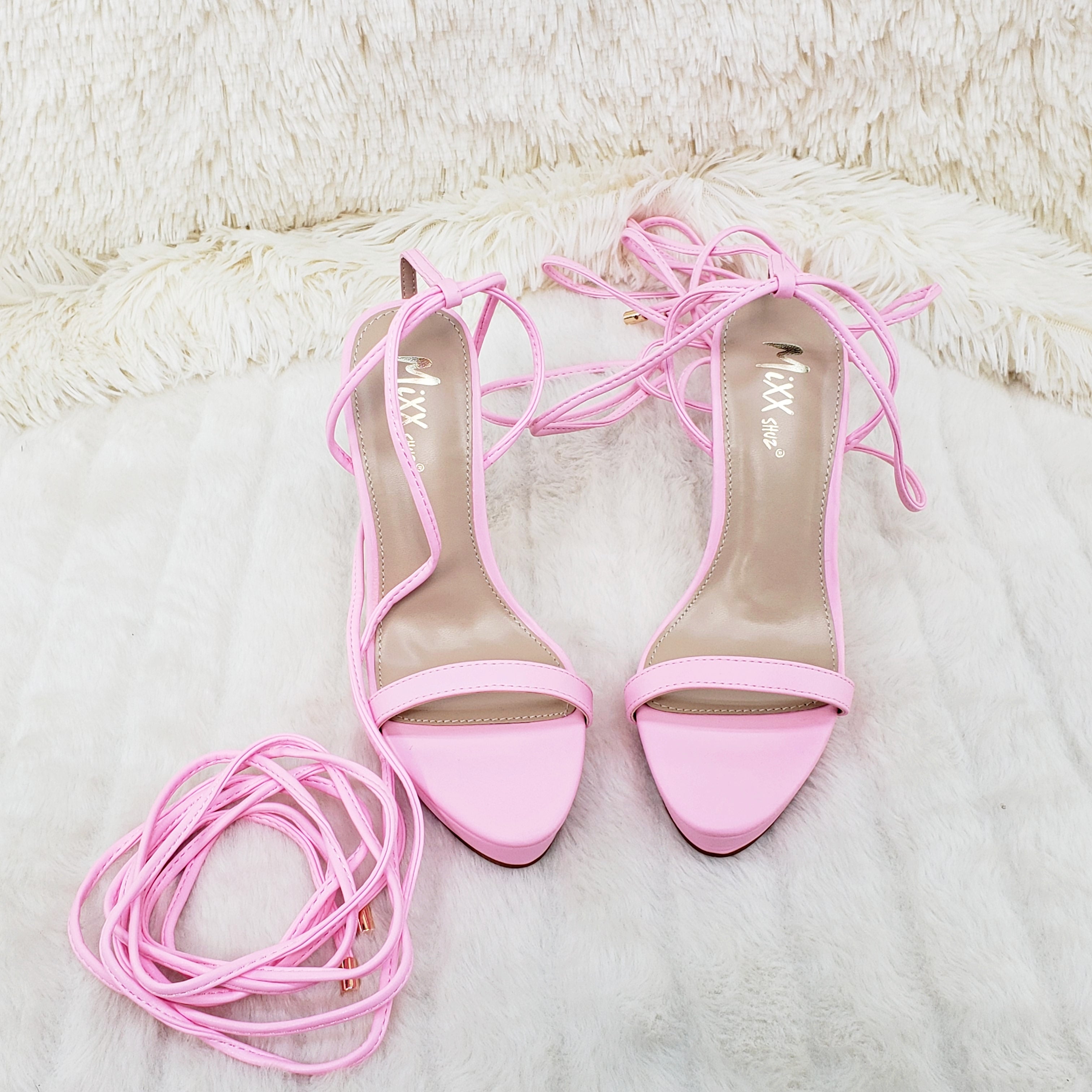 Baby Pink Long Lace Strappy High Heel Sandals - Totally Wicked Footwear