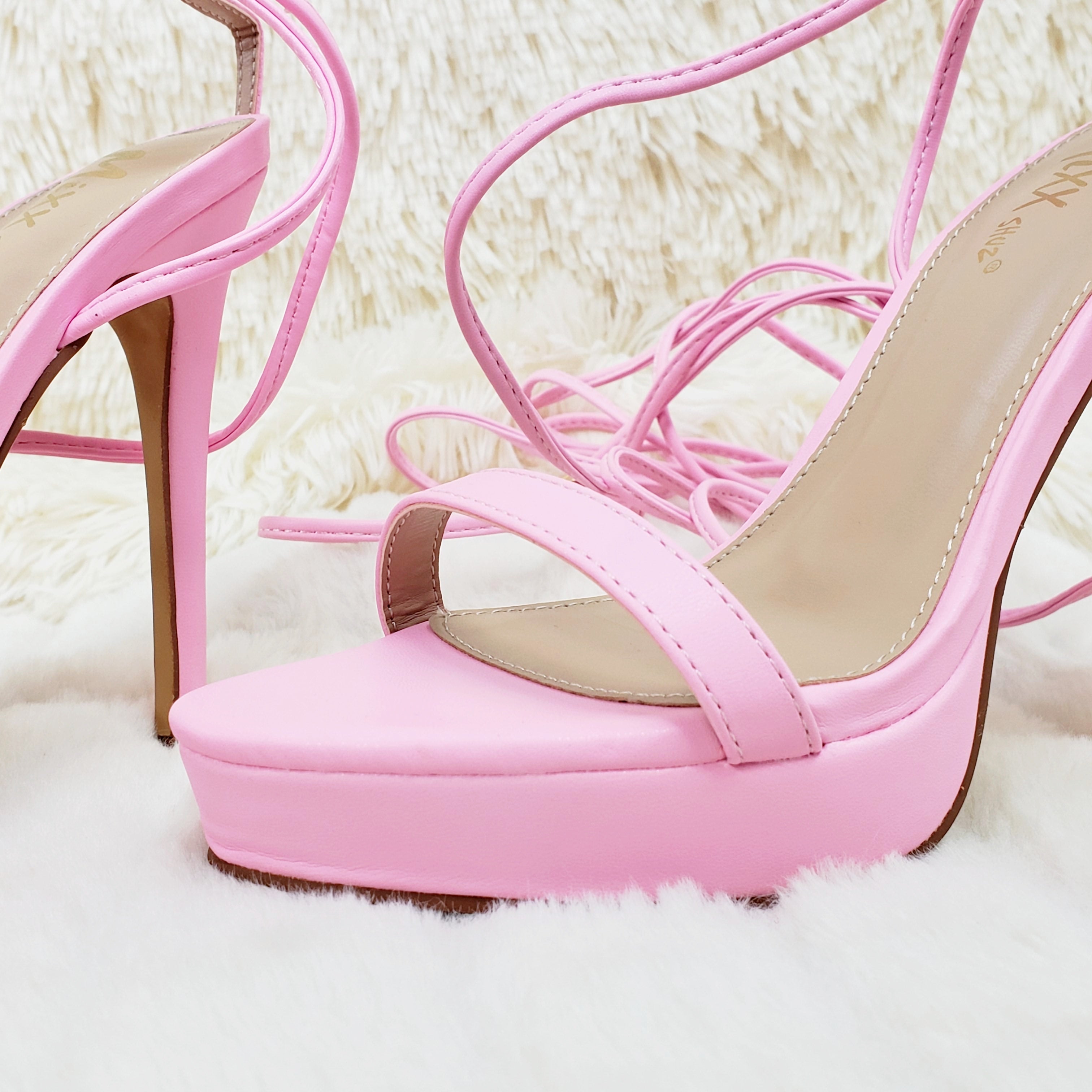 Baby Pink Long Lace Strappy High Heel Sandals - Totally Wicked Footwear