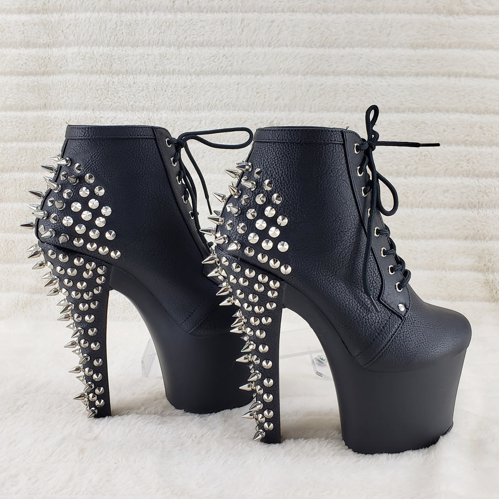 Fearless 700-28 Black Matte 7" Spiked Stud High Heel Platform Ankle Boots - Totally Wicked Footwear