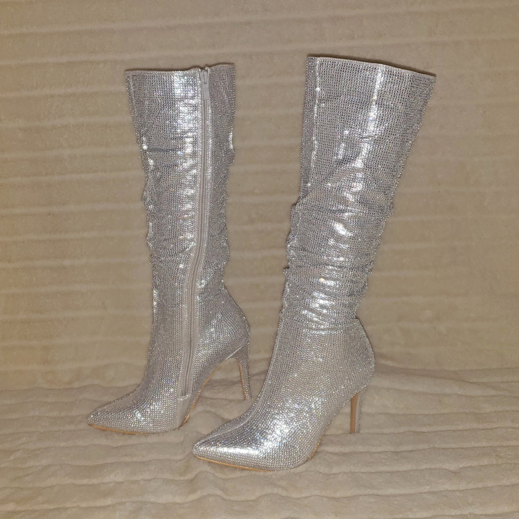 Sparkle Trend Silver Rhinestone Slouchy Scrunch High Heel Knee Boots - Totally Wicked Footwear