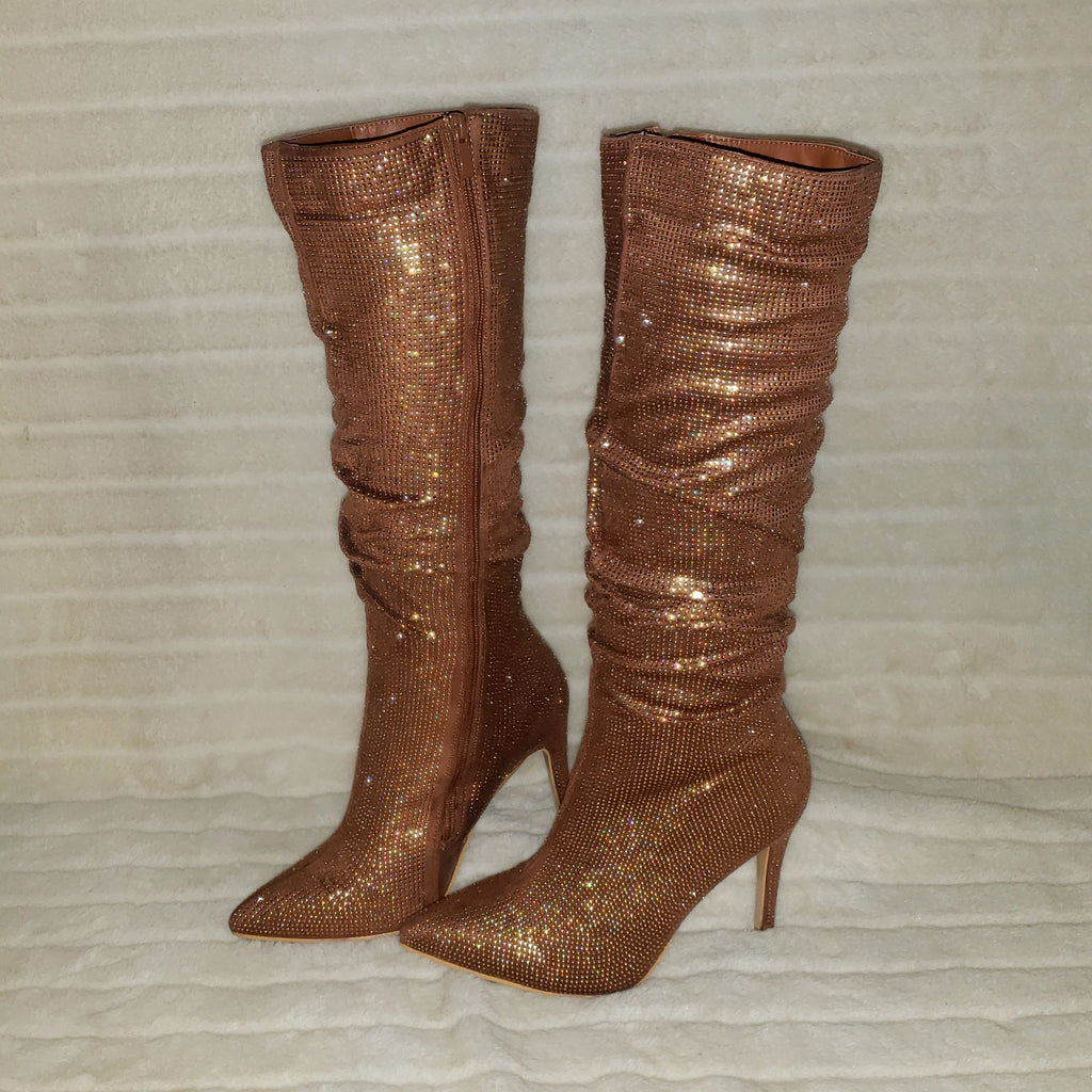 Sparkle Trend Brown Rhinestone Slouchy Scrunch High Heel Knee Boots - Totally Wicked Footwear