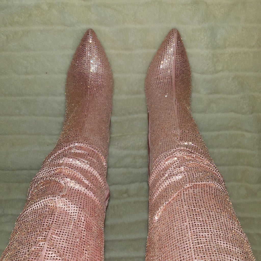 Sparkle Trend Pink Rhinestone Slouchy Scrunch High Heel Knee Boots - Totally Wicked Footwear