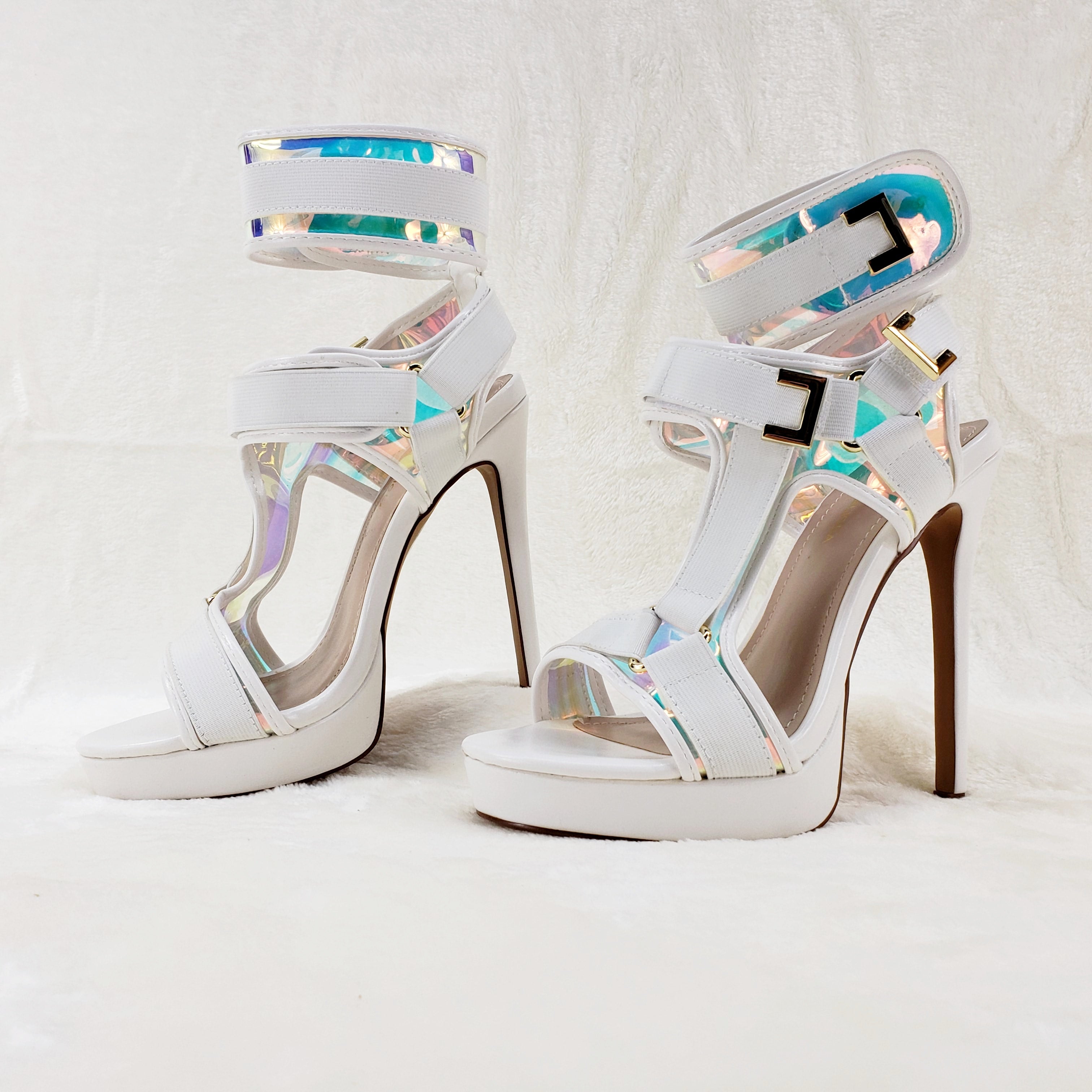 Scorpio White Hologram Strap 5" High Heel Harness Strap Shoe US Sizes 7-10 - Totally Wicked Footwear