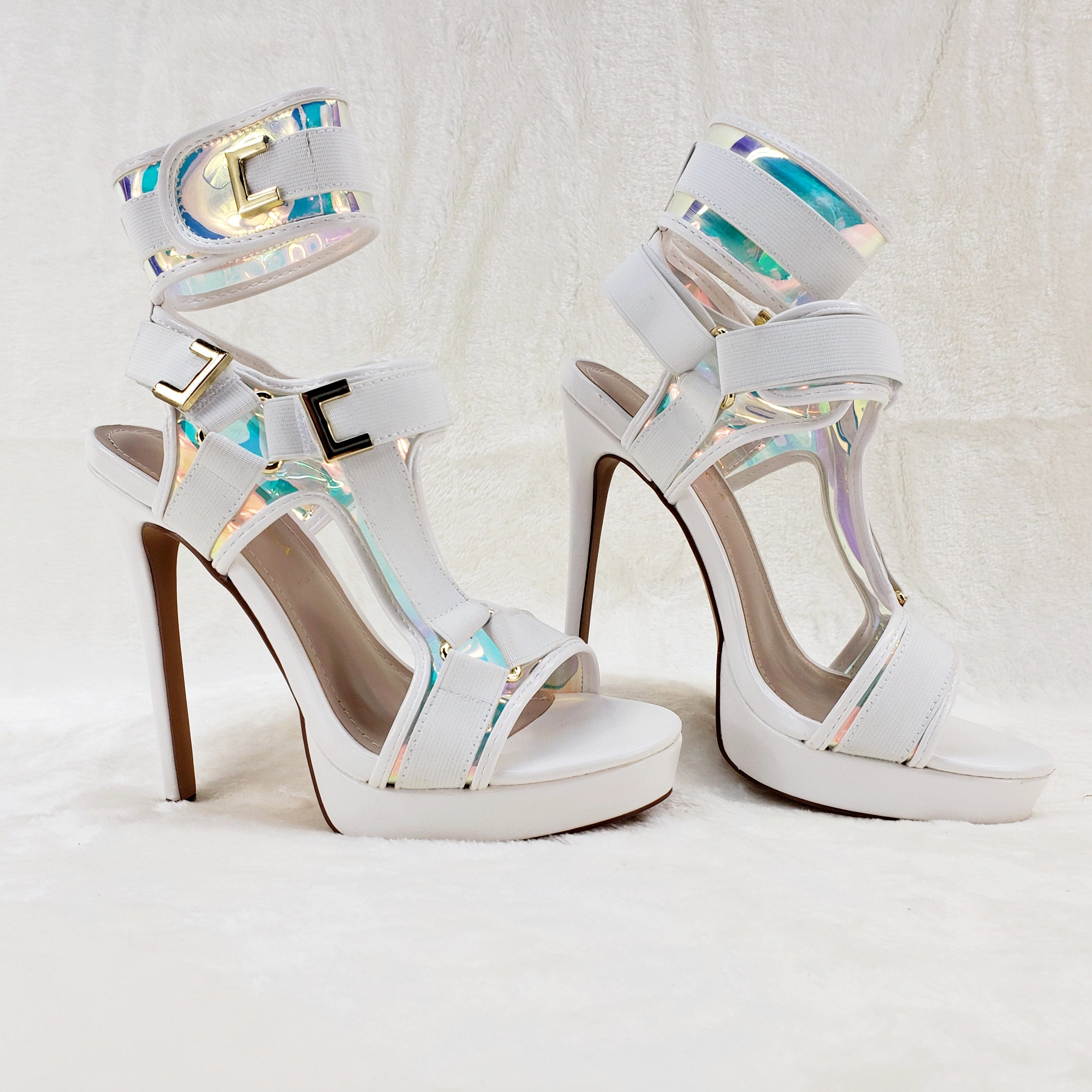 Scorpio White Hologram Strap 5" High Heel Harness Strap Shoe US Sizes 7-10 - Totally Wicked Footwear