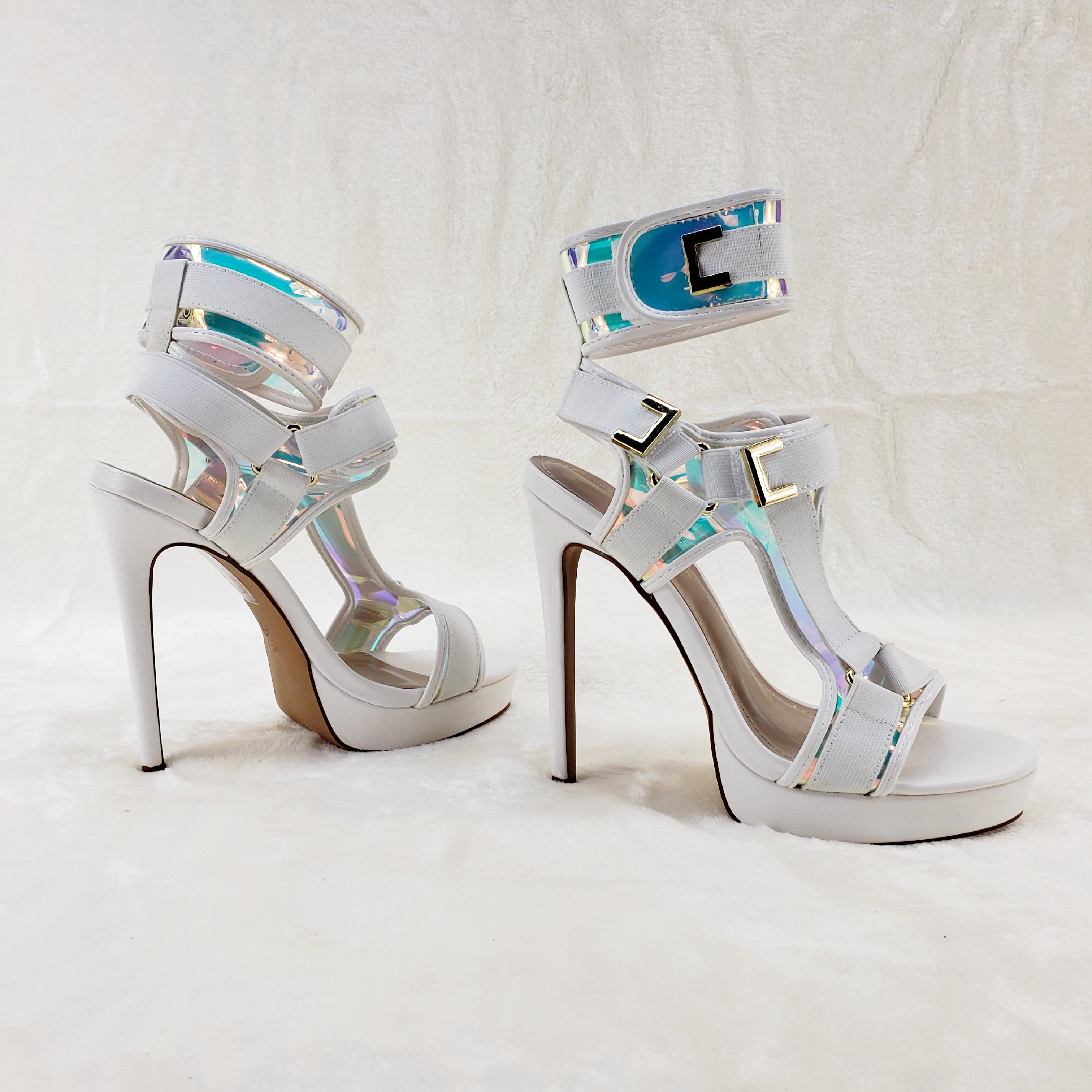 Scorpio White Hologram Strap 5" High Heel Harness Strap Shoe US Sizes 7-10 - Totally Wicked Footwear