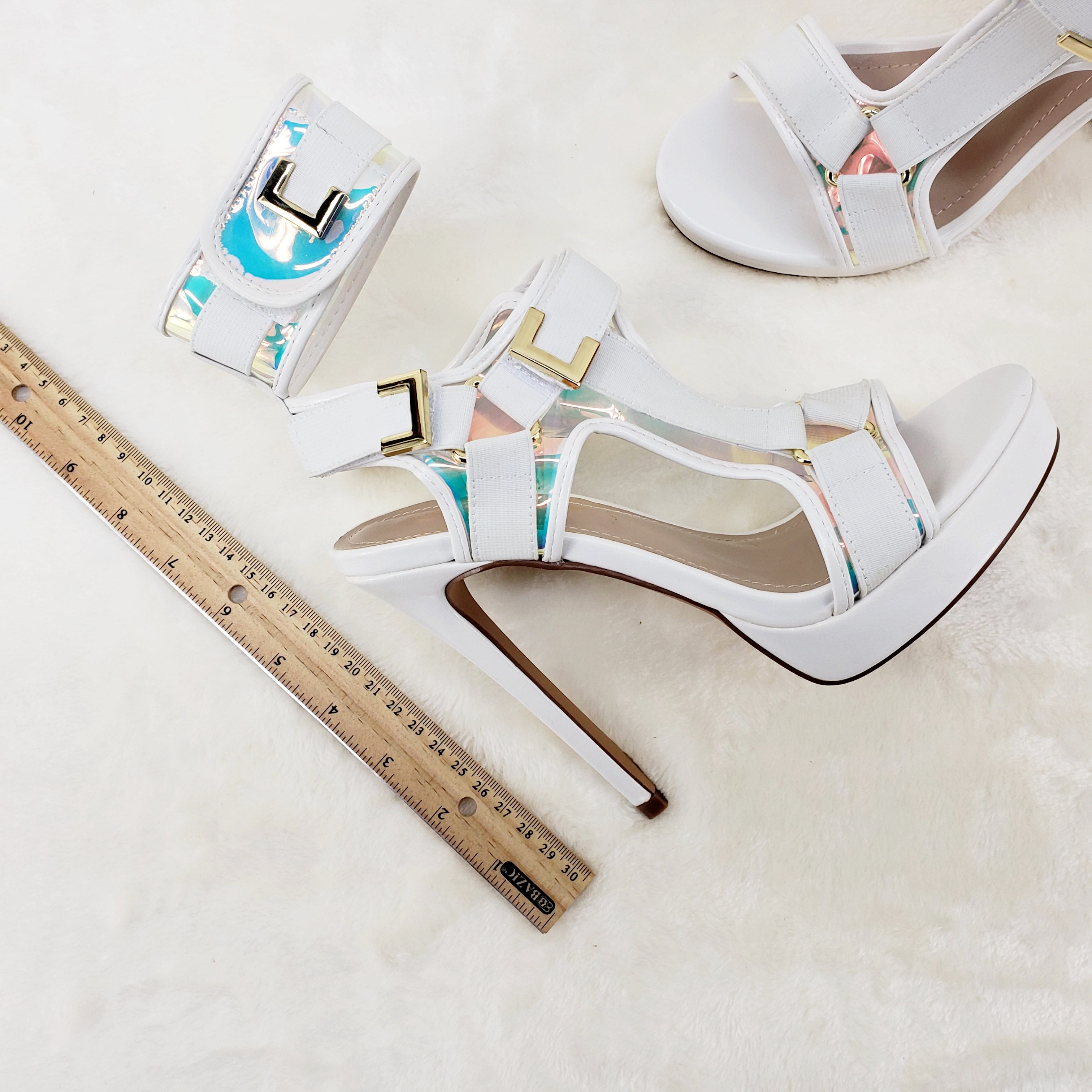 Scorpio White Hologram Strap 5" High Heel Harness Strap Shoe US Sizes 7-10 - Totally Wicked Footwear