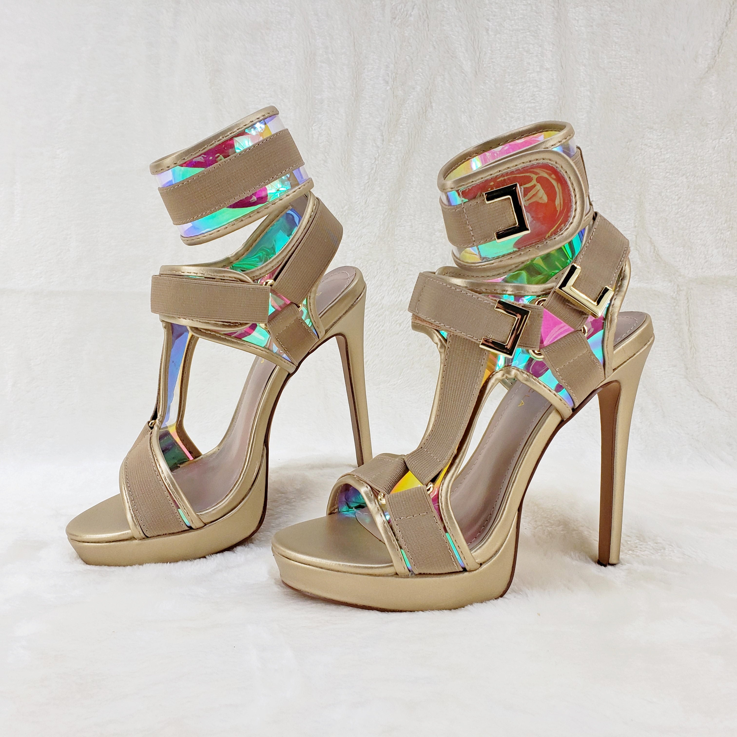 Scorpio Gold Hologram Strap 5" High Heel Harness Strap Shoe US Sizes 7-10 - Totally Wicked Footwear