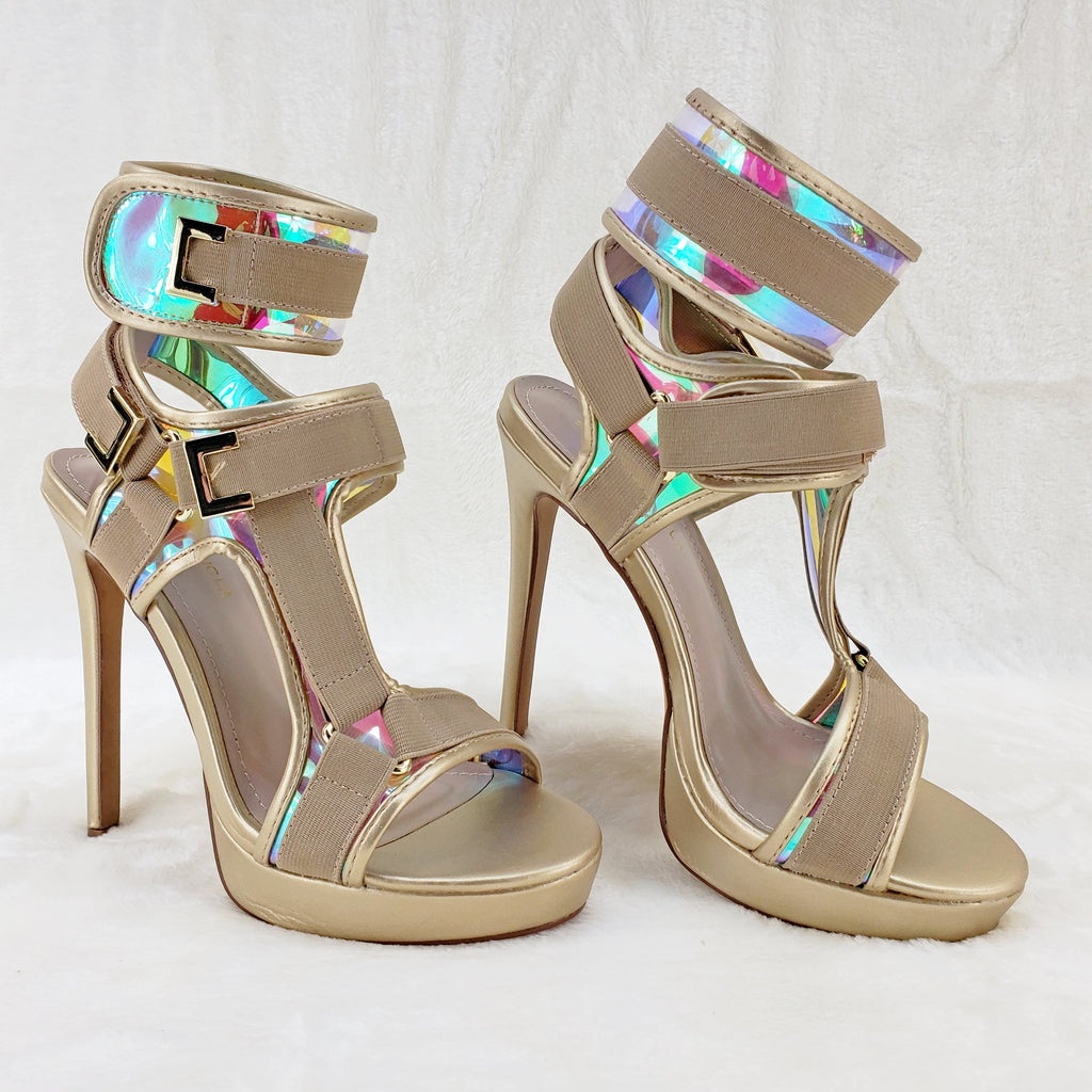 Scorpio Gold Hologram Strap 5" High Heel Harness Strap Shoe US Sizes 7-10 - Totally Wicked Footwear