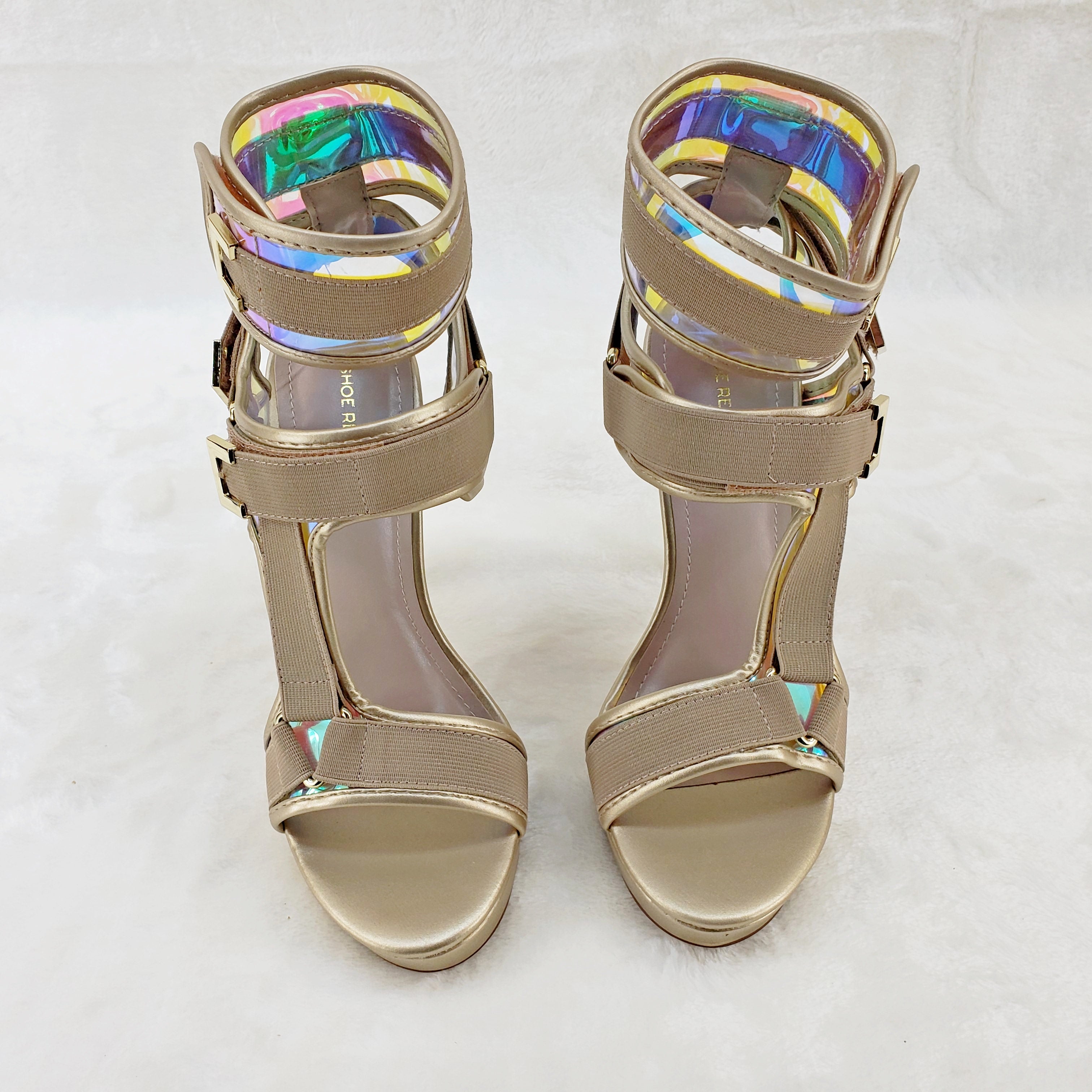 Scorpio Gold Hologram Strap 5" High Heel Harness Strap Shoe US Sizes 7-10 - Totally Wicked Footwear