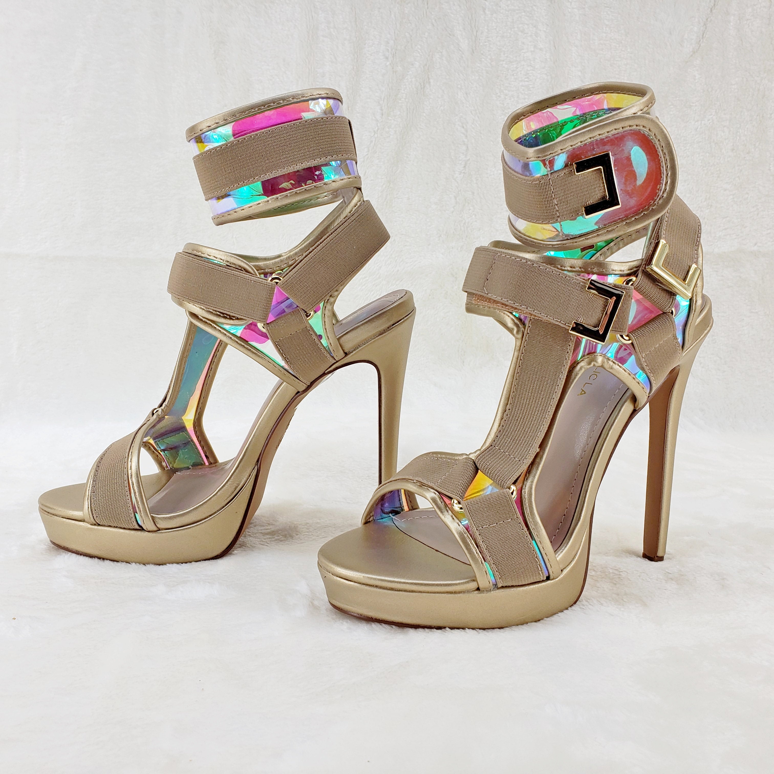 Scorpio Gold Hologram Strap 5" High Heel Harness Strap Shoe US Sizes 7-10 - Totally Wicked Footwear
