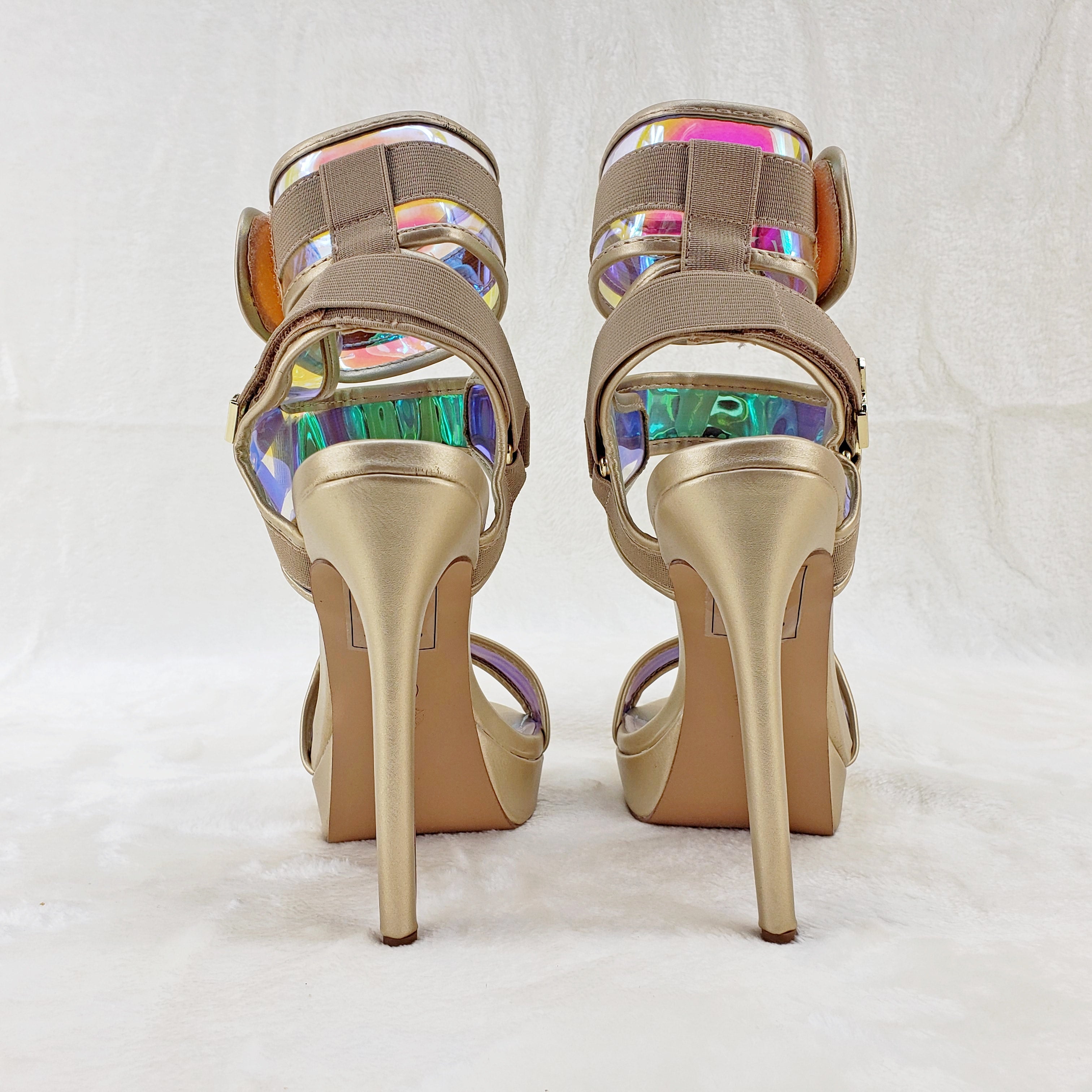 Scorpio Gold Hologram Strap 5" High Heel Harness Strap Shoe US Sizes 7-10 - Totally Wicked Footwear