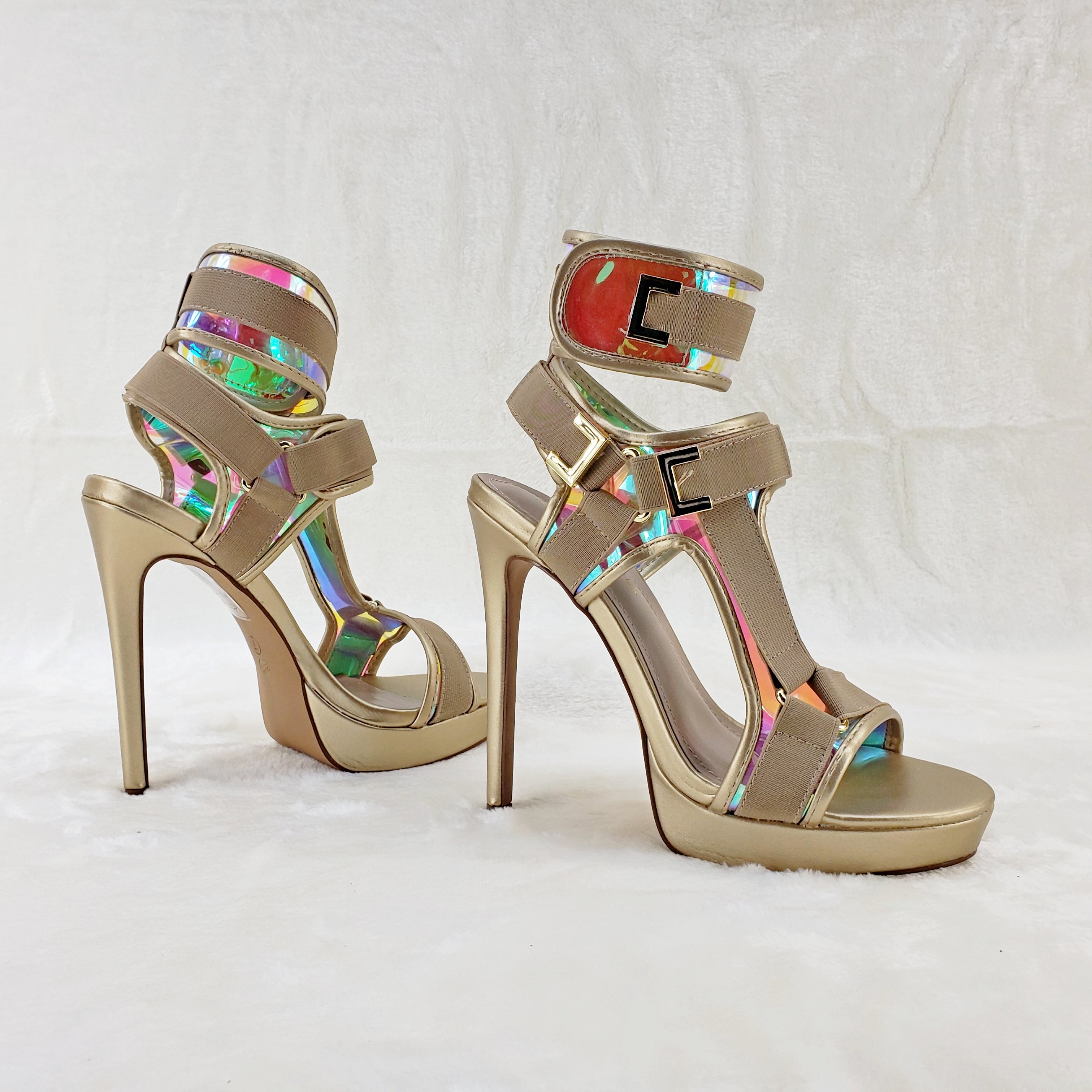 Scorpio Gold Hologram Strap 5" High Heel Harness Strap Shoe US Sizes 7-10 - Totally Wicked Footwear