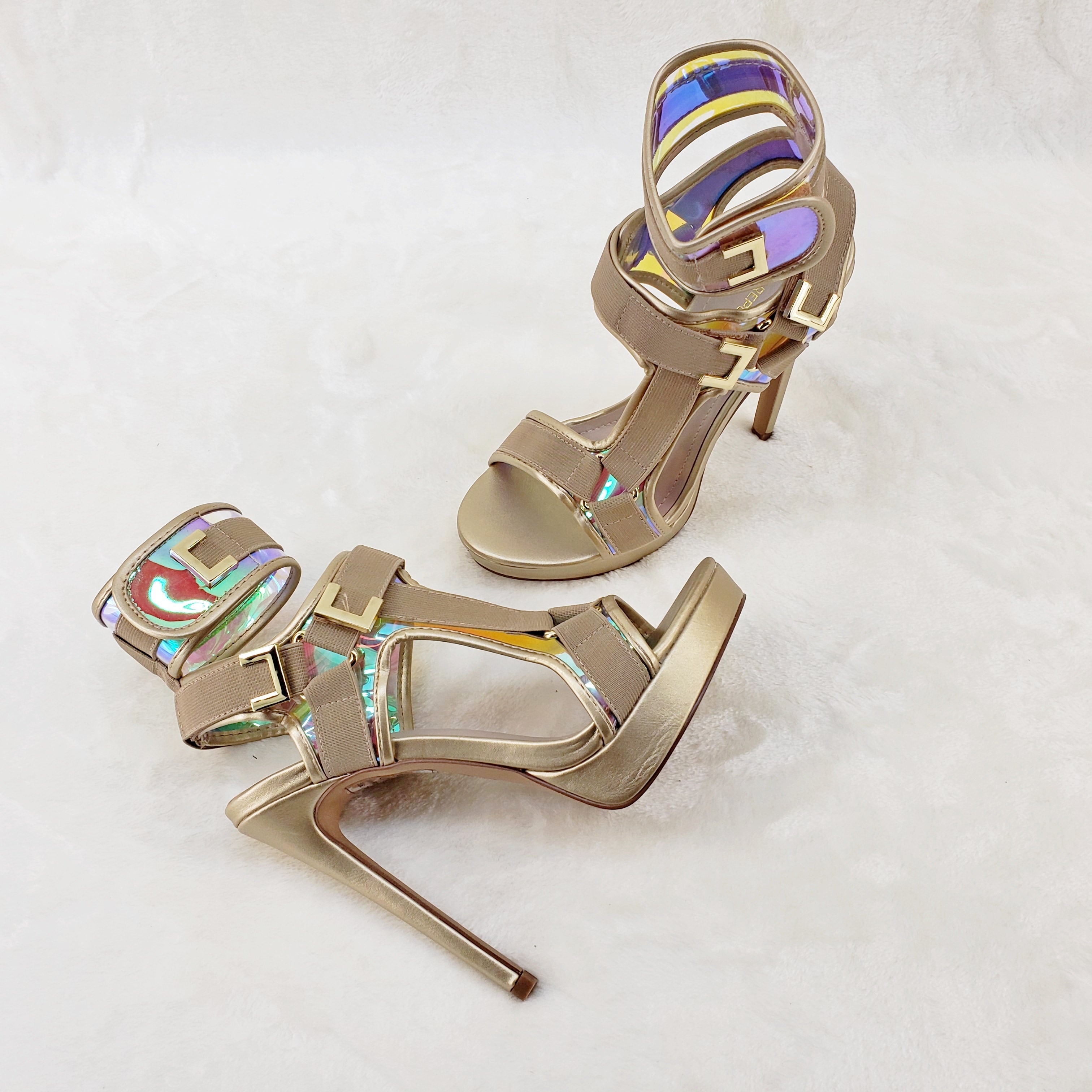 Scorpio Gold Hologram Strap 5" High Heel Harness Strap Shoe US Sizes 7-10 - Totally Wicked Footwear