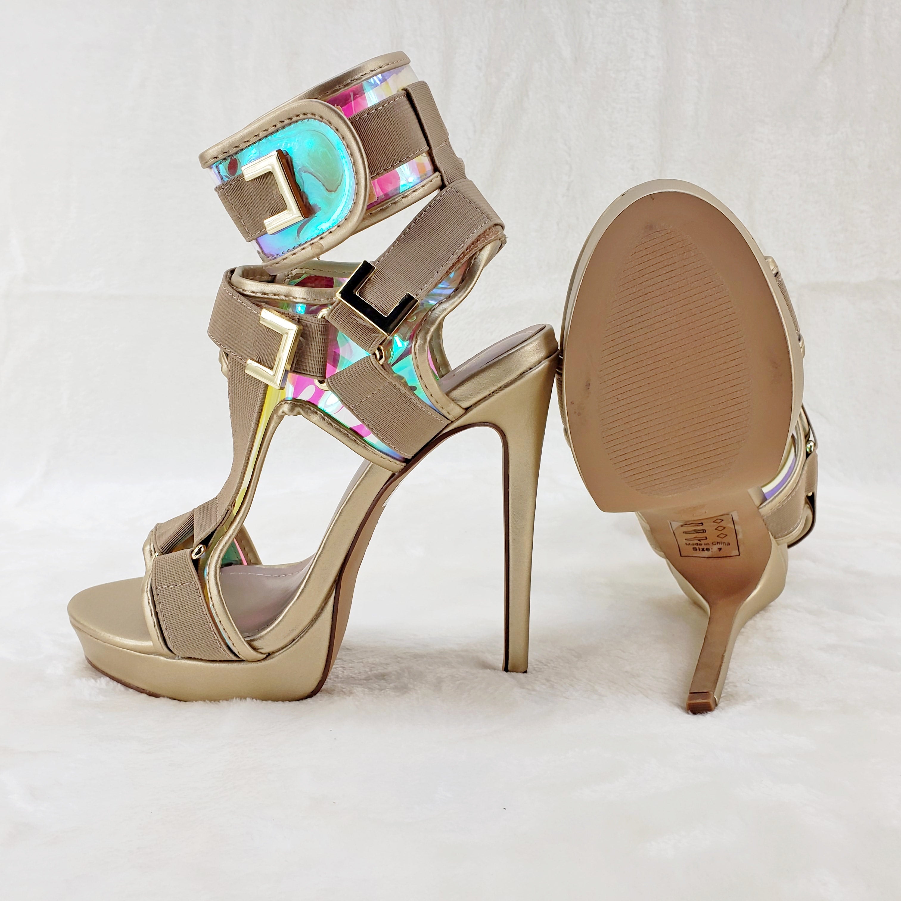 Scorpio Gold Hologram Strap 5" High Heel Harness Strap Shoe US Sizes 7-10 - Totally Wicked Footwear